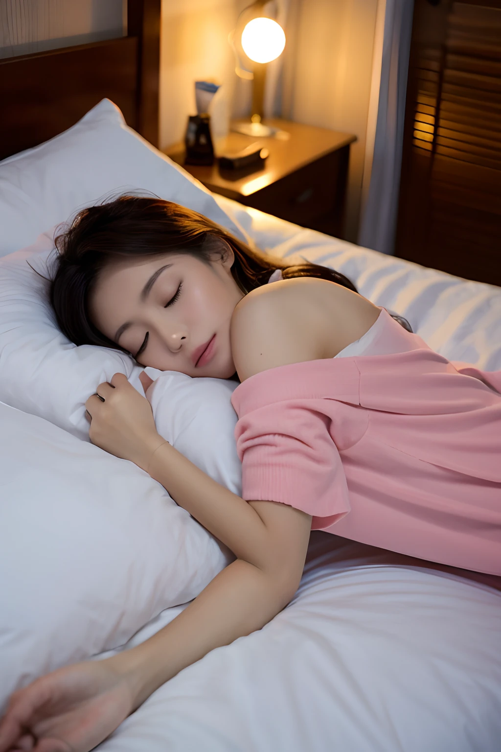  young Asian  stepdaughter asleep on bed, sleeping