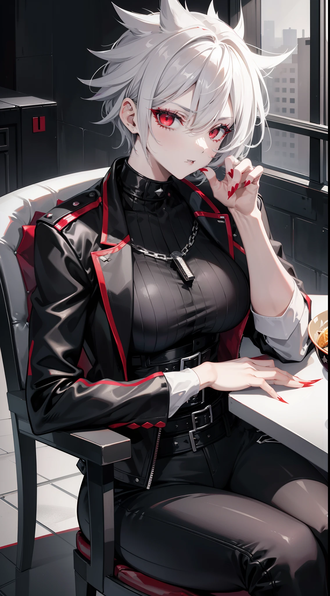 Adult woman, short gray hair, spiked hair, red eyes, black eye shadow, black lipstick, White aristocrat jacket, black tight pants, large breasts, musculature, claws, lock, sits on a chair, Masterpiece, hiquality, 4k, HD, Good detail