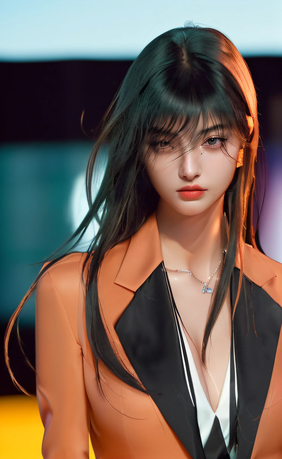 ((expressionless)), highest quality, masterpiece, 1girl in, beautiful countenance, (photorealistic:1.3), Rim Lighting, (High Detail Skins:1.2), 8k UHD, DSLR, high quality, high resolusion, 4k, 8k, Bokeh DOF, absurd, (realistic:1. 3), Pretty 1girl, ((((black formal blazer))), Medium breasts, slim figure、A great cleavage、Slim girl model、24 year old female model、toned body.