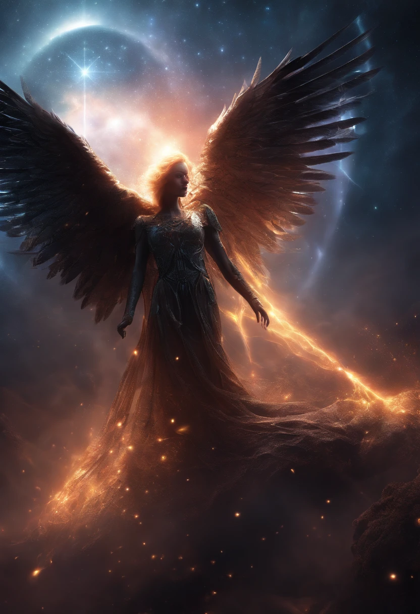 Cosmic Fallen Angel, glowing light eyes, Biomechanical, eerie, Creepy, nightmarish, Very bright colors, Light particles, with light glowing, Mshiff, wallpaper art, UHD wallpaper