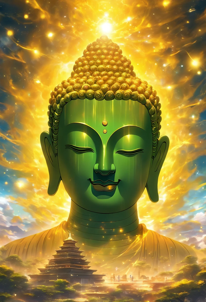 Giant transparent Buddha head looking at yellow planet in cosmic soil,glow effect,OC rendering,Facial shielding