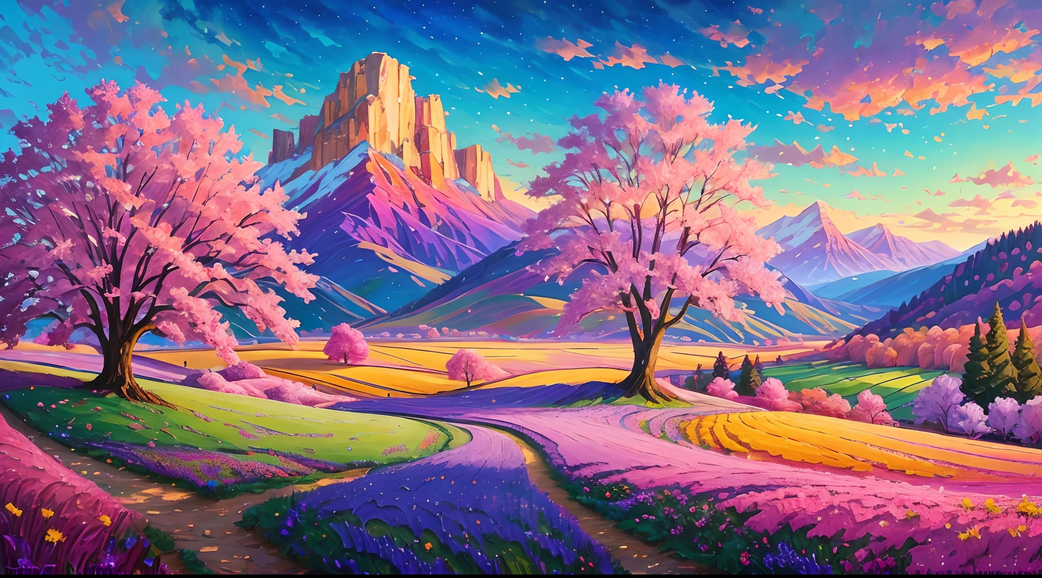 paintings of purple trees and a couple in a field, beautiful art uhd 4 k, bright landscape, mythical floral hills, scenery artwork, scenery art detailed, inspired by Erin Hanson, colorful landscape painting, magical landscape, vivid abstract landscape, blissful landscape, artistic landscape, painted landscape, landscape art, dreamy landscape, whimsical fantasy landscape art, impasto painting, made of tree and fantasy valley