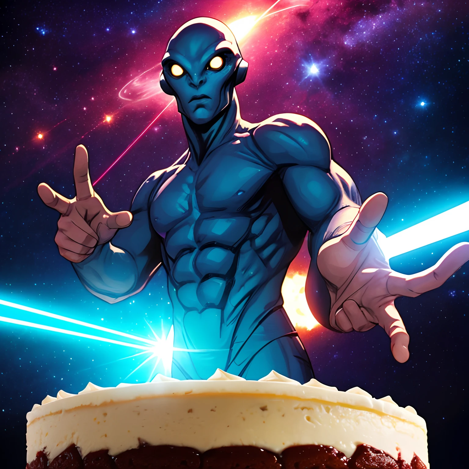 kids comic style, alien man, grey alien, cinematic lighting, 8K, highly detailed, glowing cheesecake, hand sign, dynamic pose, scenery, dynamic angle, from below, laser beam from fingers toward cheesecake, universe background, pov, cut in