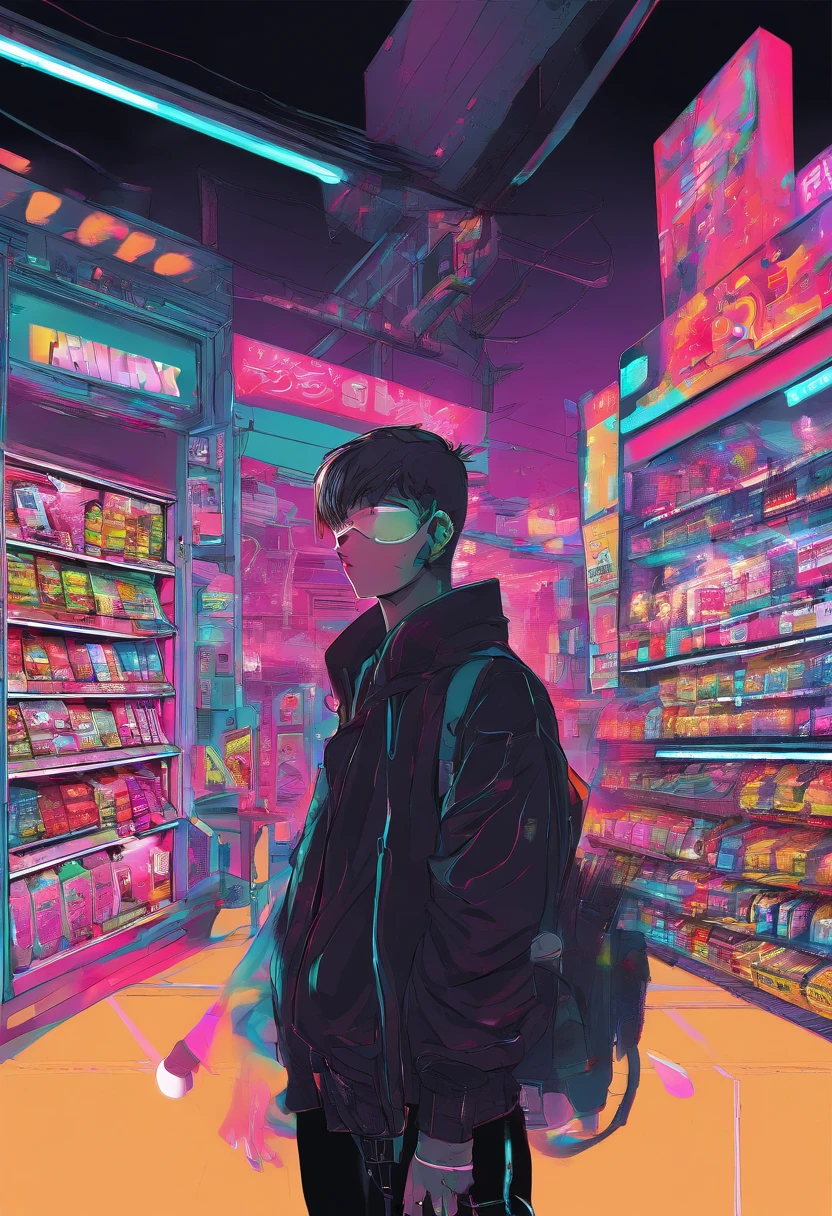“Boy facing right in the style of 90’s vintage anime,black coat, surrealism, akira style, detailed line art, fine details, inside a 7/11 convenience store, drink aisle, neon, white background,”