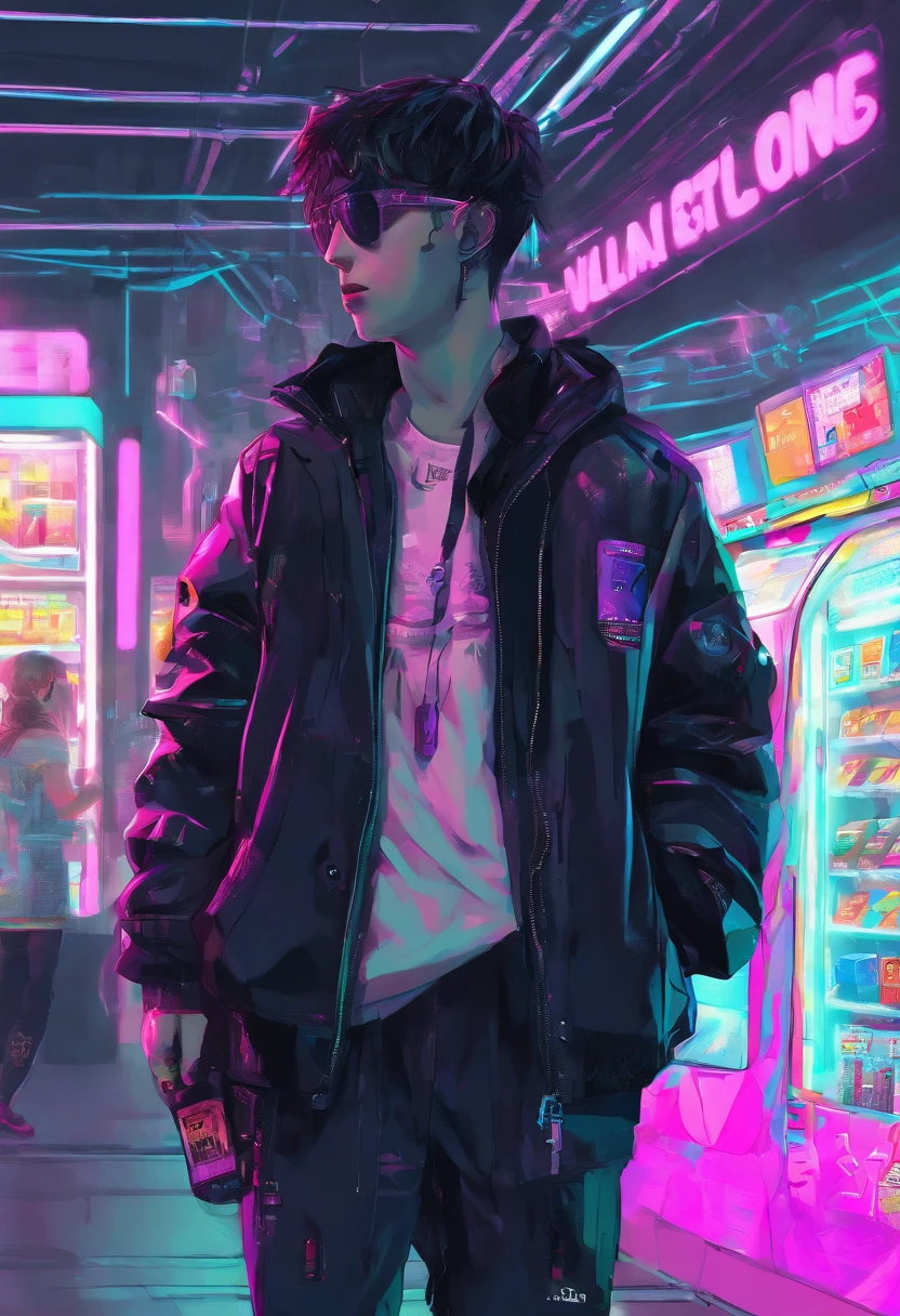 “Boy facing right in the style of 90’s vintage anime,black coat, surrealism, akira style, detailed line art, fine details, inside a 7/11 convenience store, drink aisle, neon, white background,”