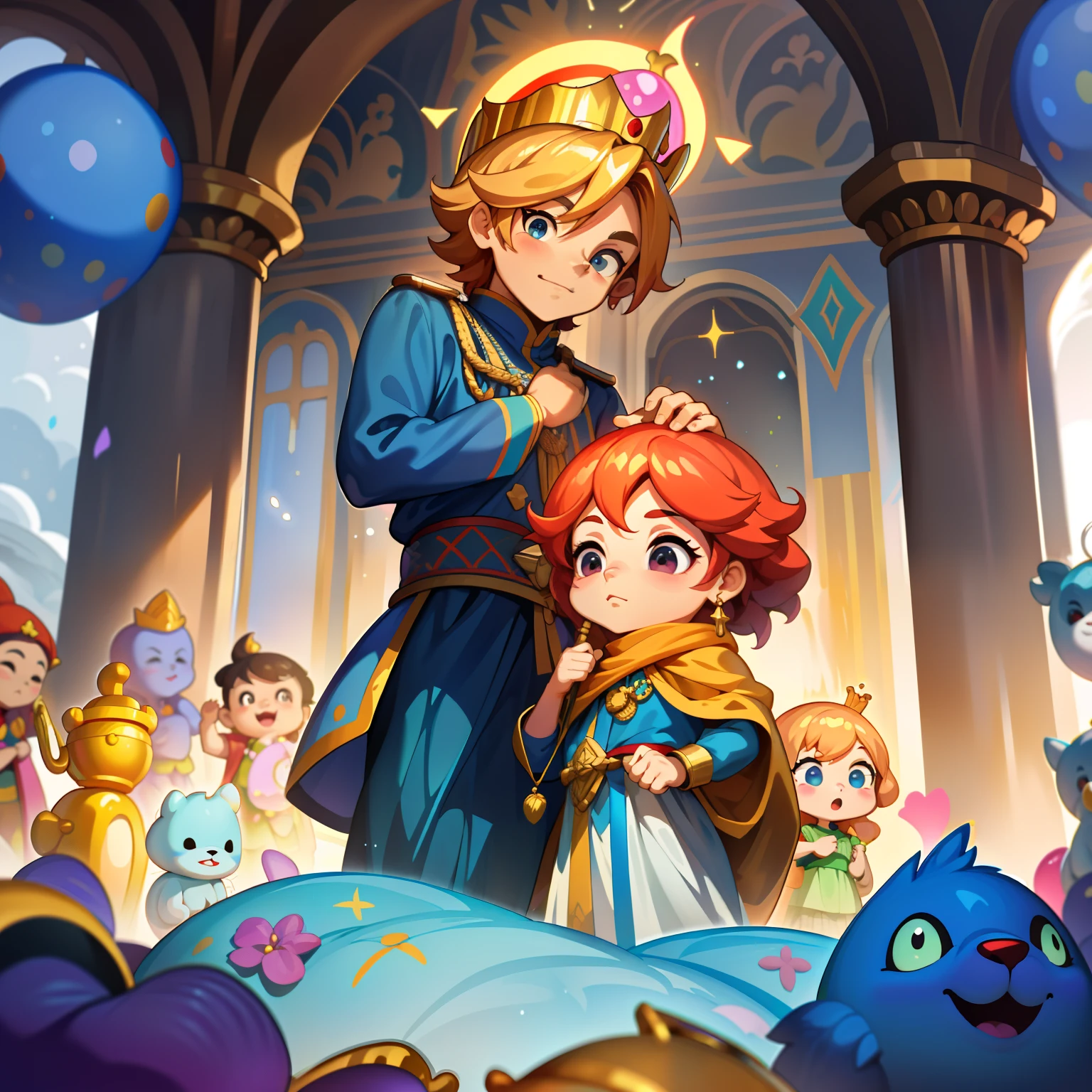 Adesivos, fundo simples, dois personagens masculinos, Picking up the golden crown with your hand, um rei entregando na sua coroa ao seu sucessor, Inside the Royal Palace, Children's Story Illustrations, conta de fadas, cores vibrantes, um rei velho, um novo rei jovem, cartoon illustration, disco Rigido, best quality, Chibi