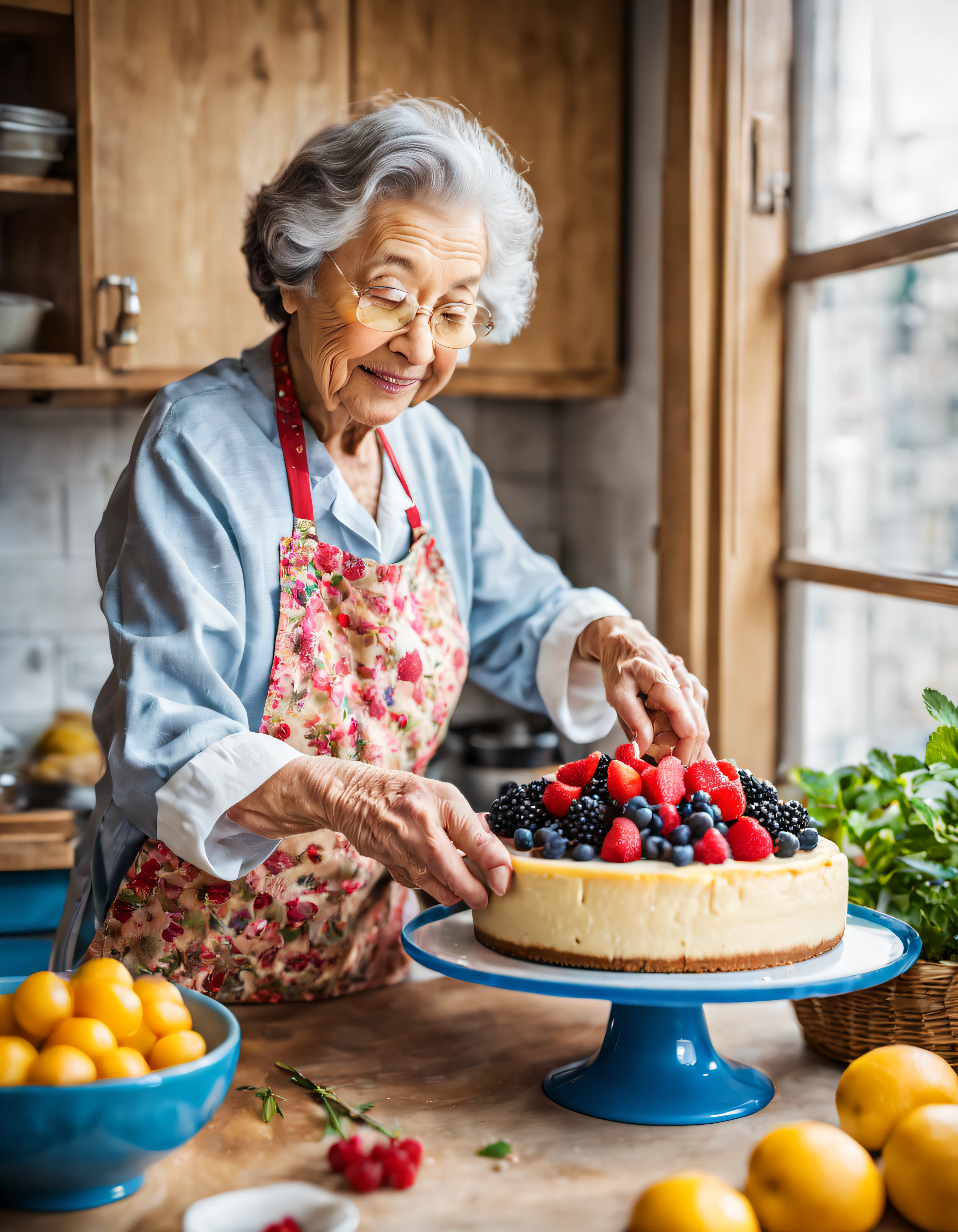 vintage photography, side view of an (adorable granny decorating) a (delicious multilayered cheesecake:1.2), decorated with berries, (printed hearts), blue print, yellow dough, soft smile, highly detailed Japan kitchen full of (different ingredients), window with plants