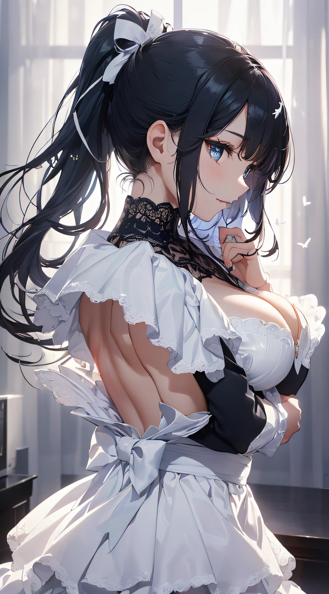 top-quality、Top image quality、​masterpiece、girl with((cute little、18year old、Best Bust、Medium bust、Bust 85,Beautiful blue eyes、Breasts wide open,Ponytail with black hair、A slender、Blue hair mesh、Beautiful white maid clothes、White short skirt、Laugh、Rear view)）hiquality、Beautiful Art、Background with((Large White Room、White lighting,White curtains are fluttering)),masutepiece、Elaborate design、visualart、depth of fields、The best lighting、highestdetailed、8ｋ