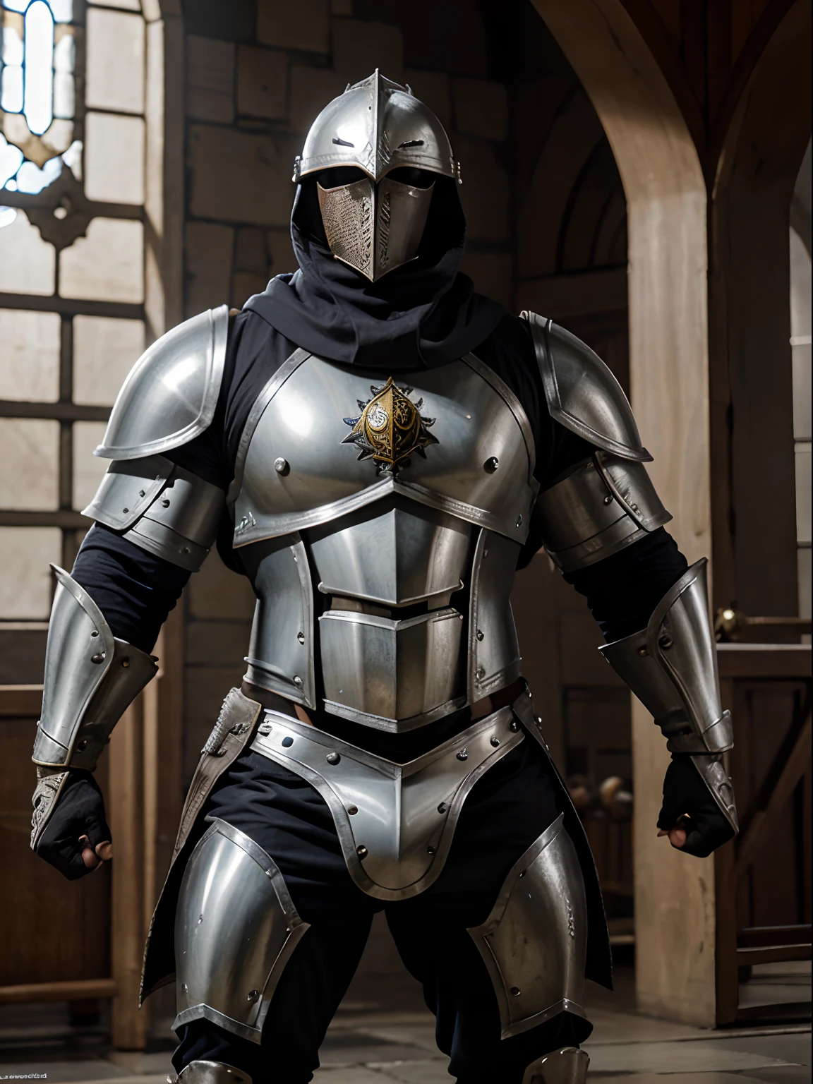 cleric, armadura completa, armadura prateada, Using a Two-Handed Combat Hammer, Physique of a Bodybuilder, um templo religioso ao fundo.