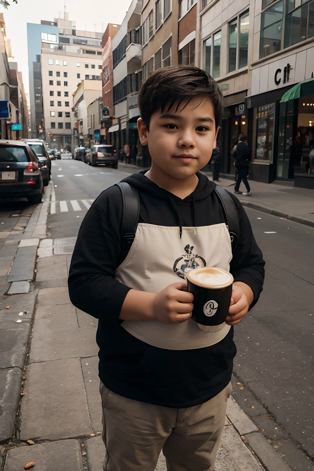 A boy with,Fat Chubby,Coffee on the street