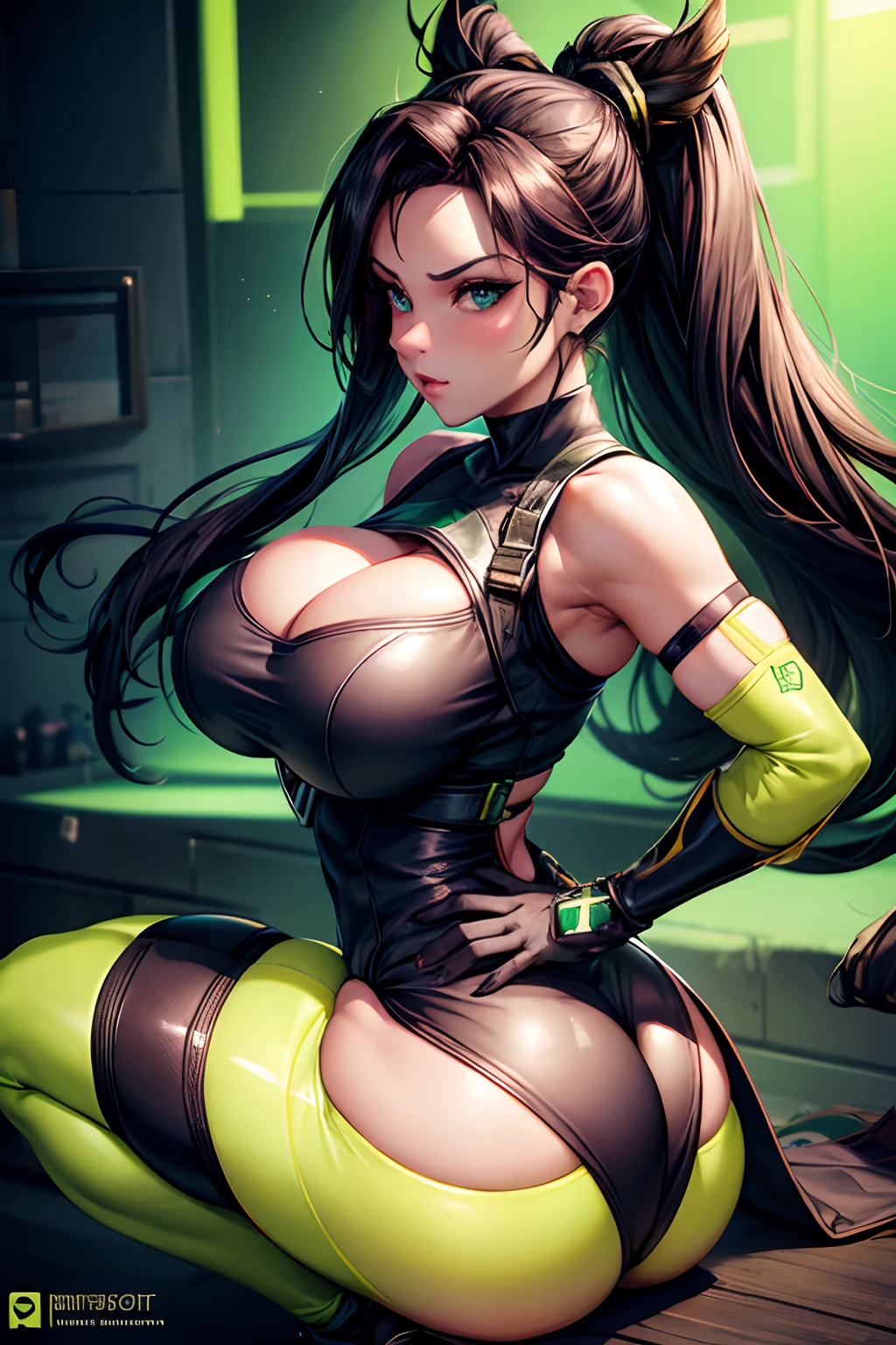 arafed woman in a green and black outfit with a glowing light on her butt, as overwatch character, lovely brigitte from overwatch, cutesexyrobutts, from overwatch, as an overwatch character, thicc, artstation masterpiece, overwatch inspired, brigitte from overwatch, thick smooth warframe thighs, wlop and krenz cushart, sexy look, big breast, sexy pose, show breast, show bar, touch breast, light black hair