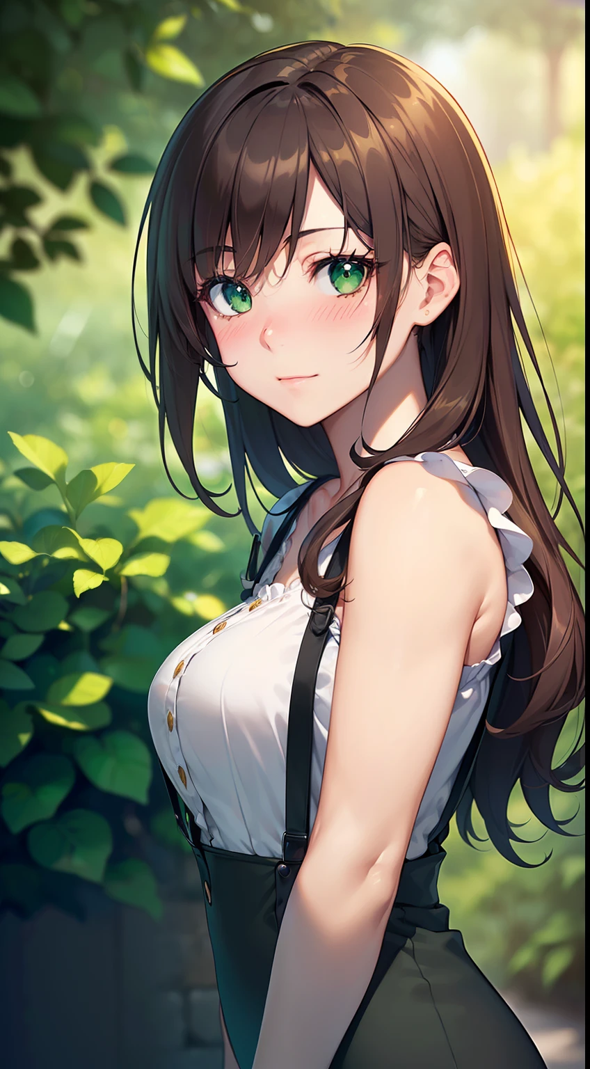 There are many human bodies((Masterpiece, Best quality, A high resolution, hyper HD, Perfect pixels, Depth of field, 4K, RTX, hdr))), 1girll, Single, Solo, Beautiful anime girl, Beautiful Art Style, anime figure, ((Long hair, bangs, Brown hair, Curly hair:0.8)), ((Green eyes:1.4, Rounded eyes, Beautiful eyelashes, Realistic eyes)), ((Detailed face, Blushing:1.2)), ((Smooth texture:0.75, Realistic texture:0.65, Photorealistic:1.1, Anime CG style)), mediuml breasts, Dynamic Angle, Perfect body, ((Portrait, angle of view)), ((Black suspenders)), Smile, trpical garden