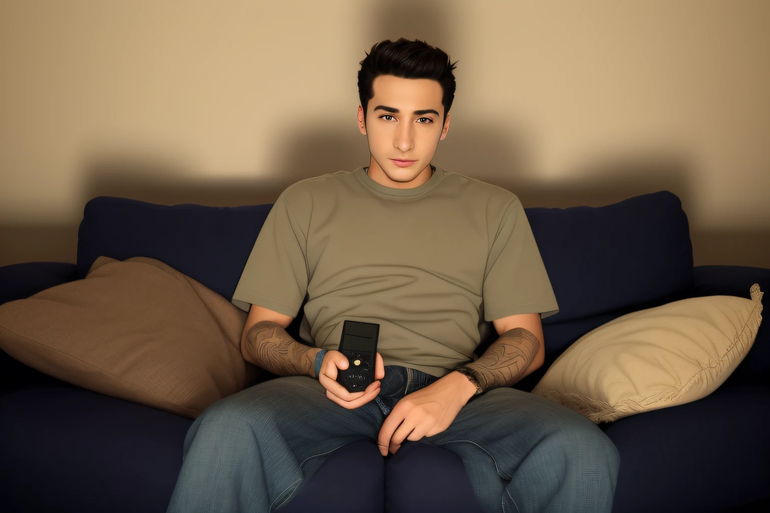 arafed man sitting on a couch with a remote control in his hand, sitting on the sofa, sitting on sofa,  Man sitting face to face, homme de 20 ans, sitting on the sofa, sitting on sofa, assis seul, Watch TV, assis dans un salon, A very sad man
