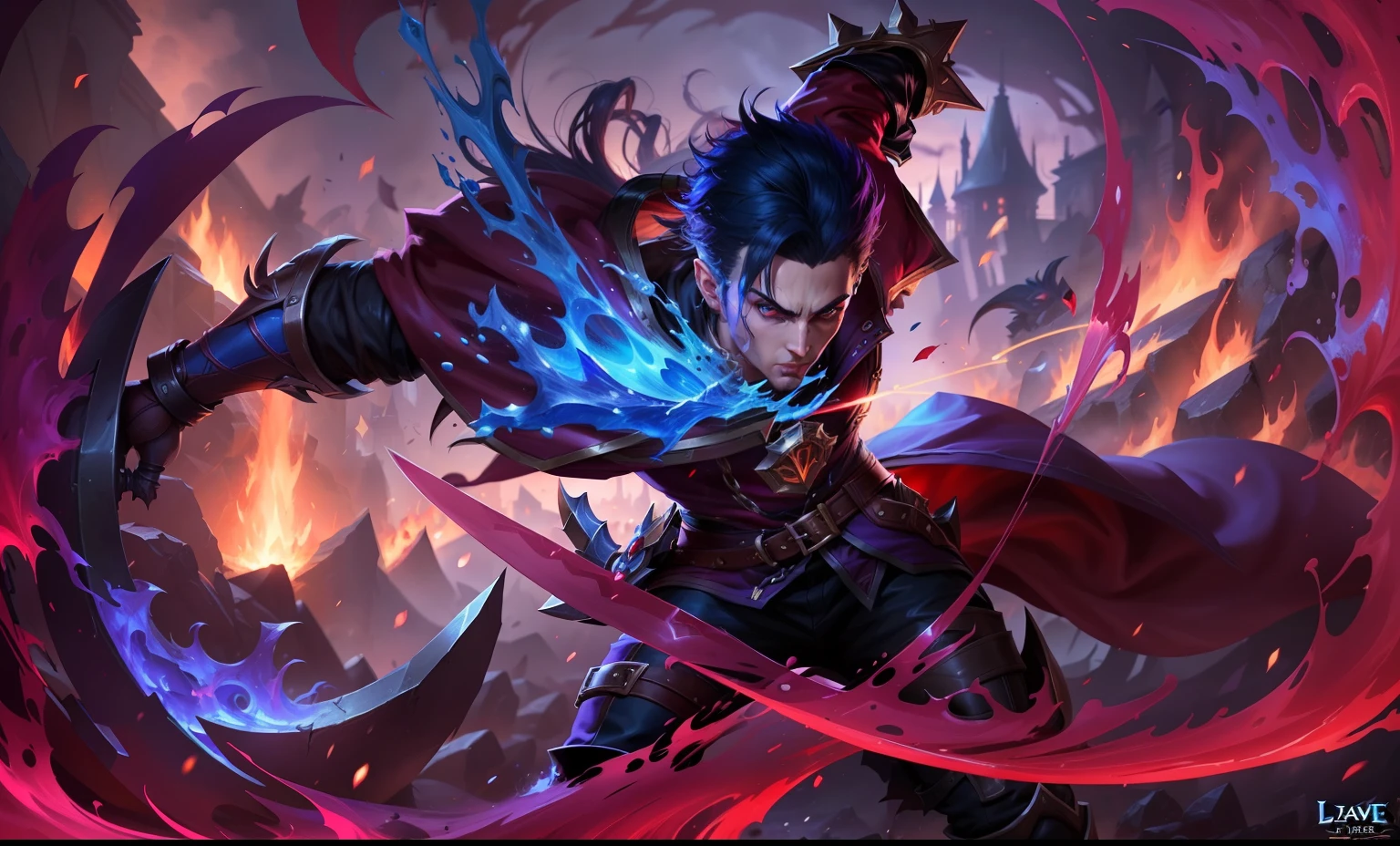 Close-up of man holding a large knife in a fire, official splash art, league of legends splash art, splash art, league of legends art, league of legends splashart, league of legends character art, wallpaper splash art promo art, iconic character splash art, League of Legends concept art, Shaco from League of Legends, League of Legends Art Style, LeBlanc