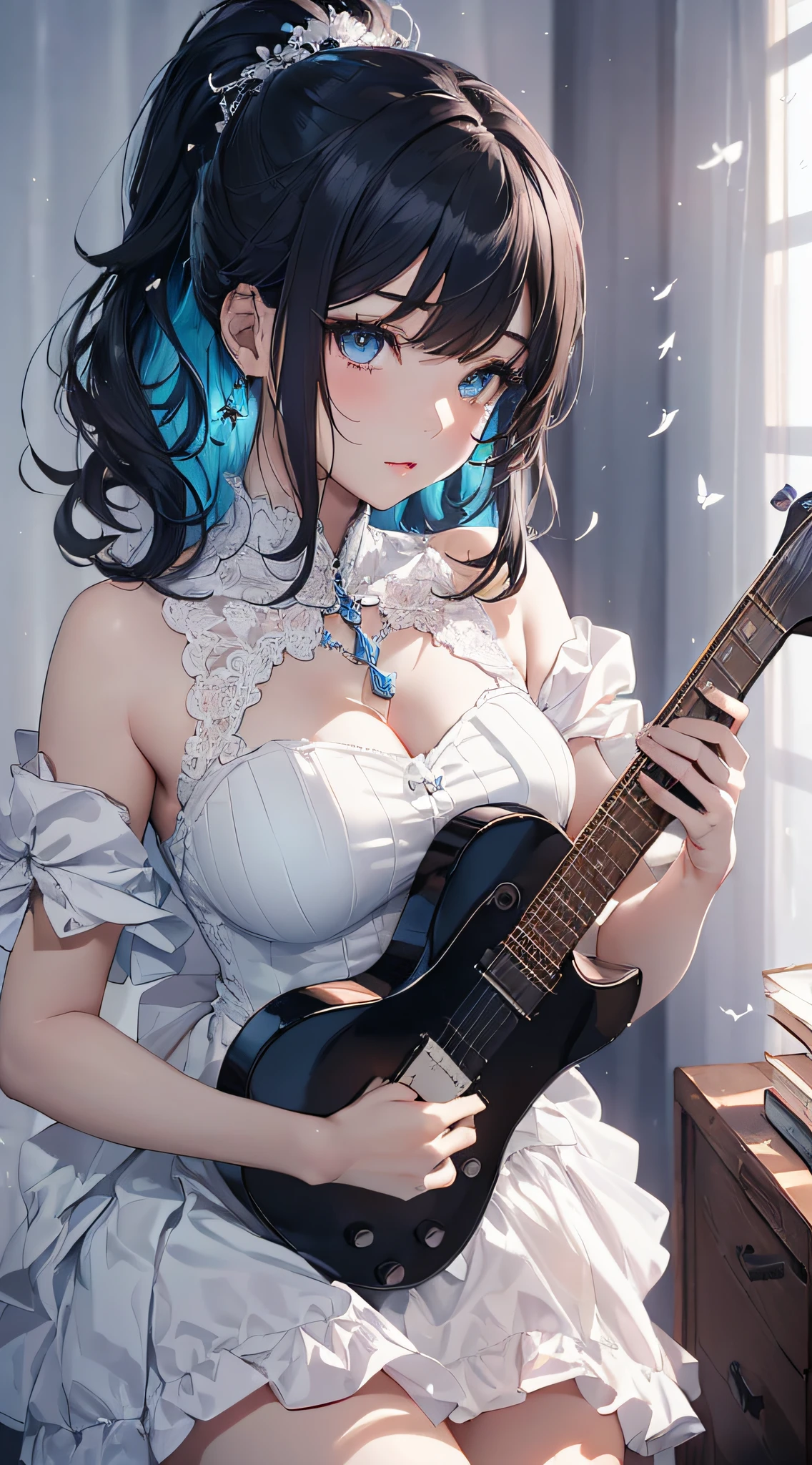 top-quality、Top image quality、​masterpiece、girl with((cute little、18year old、Best Bust、Medium bust、Bust 85,Beautiful blue eyes、Breasts wide open,Ponytail with black hair、A slender、Blue hair mesh、Beautiful white dress、White short skirt、guitar play)）hiquality、Beautiful Art、Background with((Large White Room、White lighting,White curtains are fluttering)),masutepiece、Elaborate design、visualart、depth of fields、The best lighting、highestdetailed、8ｋ