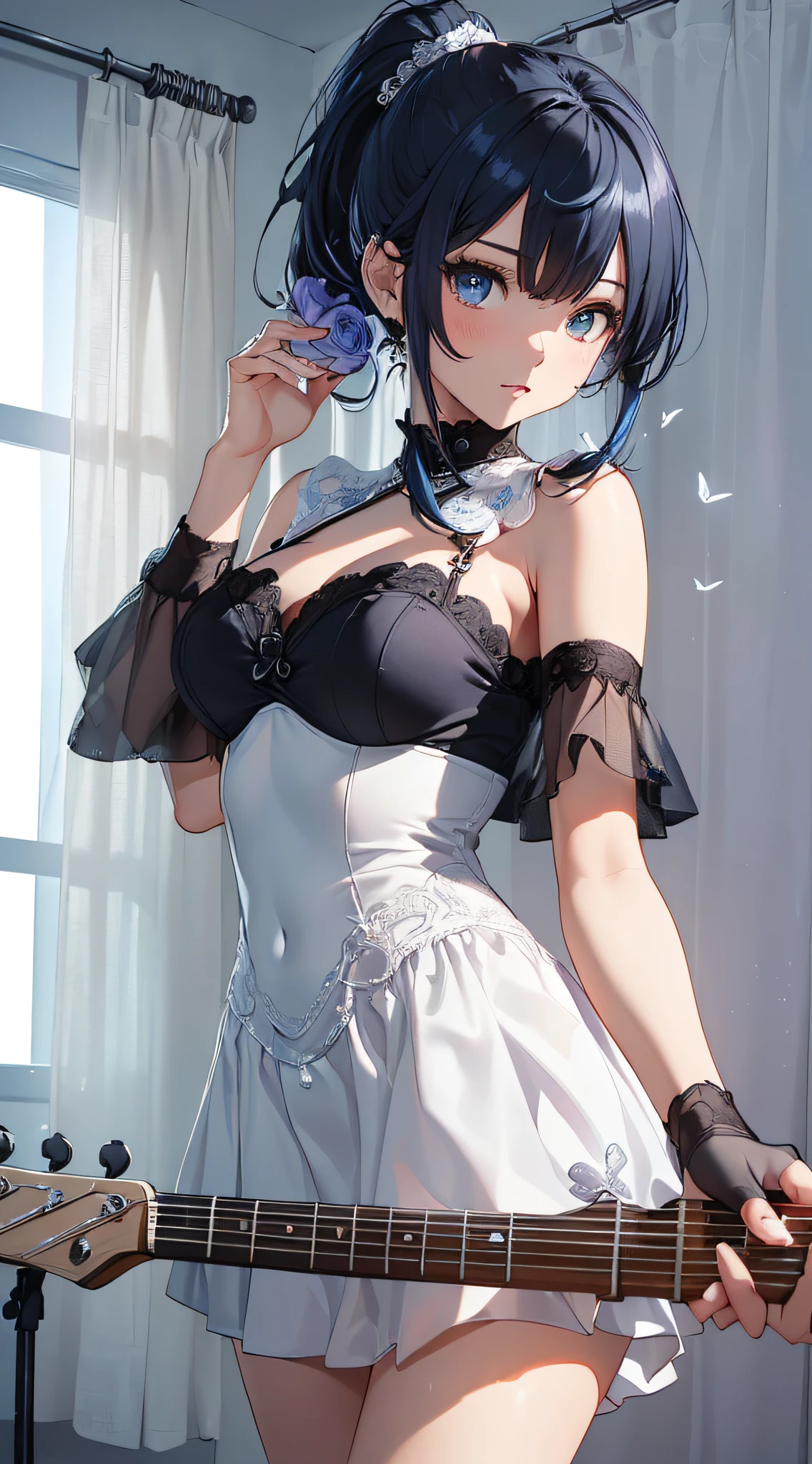 top-quality、Top image quality、masterpiece、girl with((cute little、18year old、Best Bust、Medium bust、Bust 85,Beautiful blue eyes、Breasts wide open,Ponytail with black hair、A slender、Blue hair mesh、Beautiful white dress、White short skirt、guitar play))hiquality、Beautiful Art、Background with((Large White Room、White lighting,White curtains are fluttering)),masutepiece、Elaborate design、visualart、depth of fields、The best lighting、highestdetailed、8k