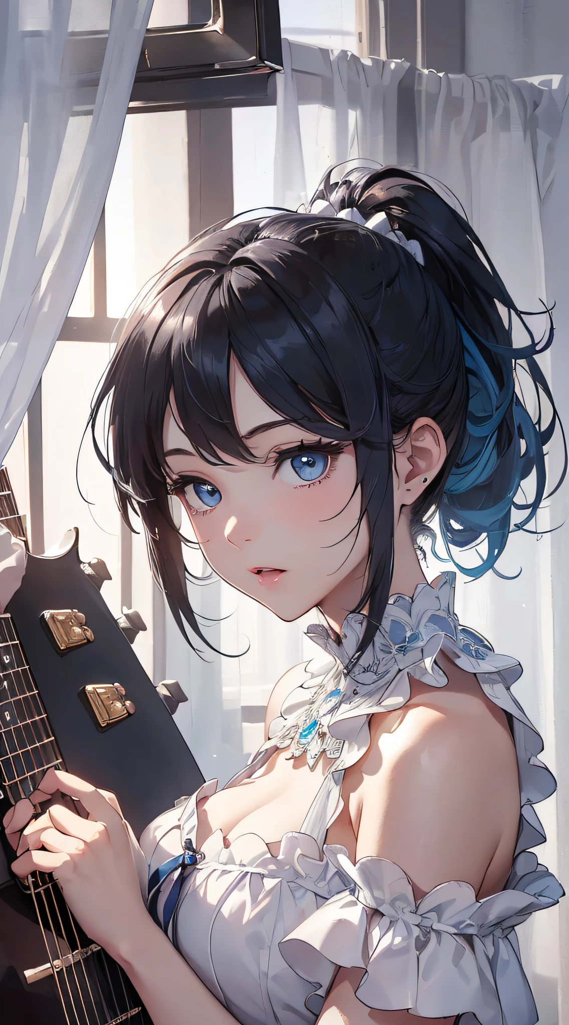 top-quality、Top image quality、masterpiece、girl with((cute little、18year old、Best Bust、Medium bust、Bust 85,Beautiful blue eyes、Breasts wide open,Ponytail with black hair、A slender、Blue hair mesh、Beautiful white dress、White short skirt、guitar play))hiquality、Beautiful Art、Background with((Large White Room、White lighting,White curtains are fluttering)),masutepiece、Elaborate design、visualart、depth of fields、The best lighting、highestdetailed、8k