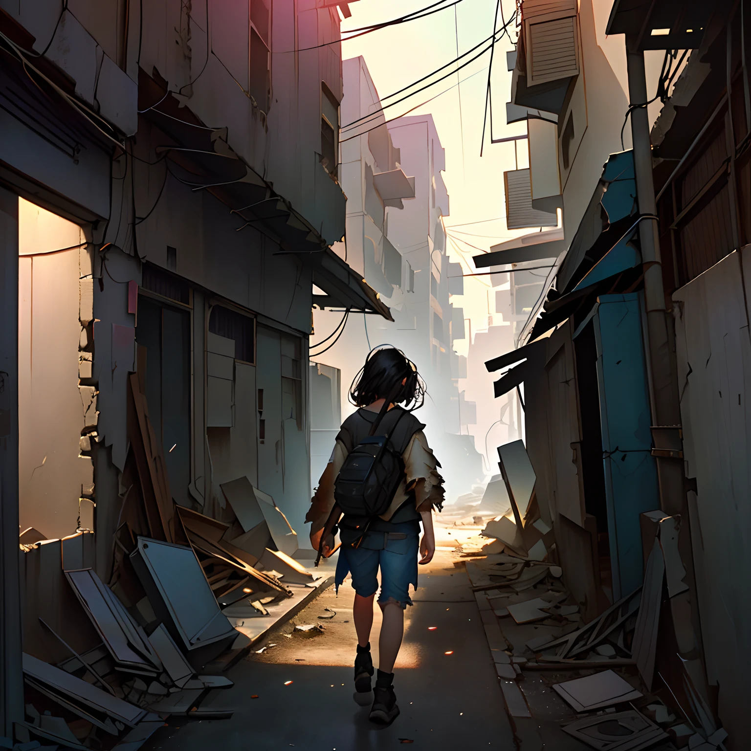 A little girl walks down a dirty alley, Looking her eyes up., Close-up view,View from behind, young girl (Black hair, Ten years old, tattered clothes), ruined city, Destroyed buildings, high-resolution, Best Quality, cinematic lighting, realistic details, sharp focus, soft lighting