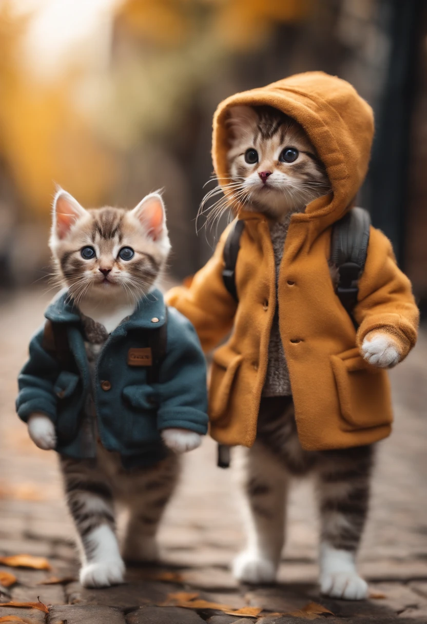 season for autumn、I have two little kittens, a cute little cat, cute kittens, Cutest, Incredibly cute, Adorable and cute, And cute and lovely. They are walking down the street with backpacks, Walking together, commute, Proudly walk down the street, And the cat is walking. They are cute in the style of 🍂 and 🍁, Adorable and cute, Cute and adorable, oh, nice and cute. They are known as real-life Tom and Jerry.Wear warm clothes、muffler、coat
