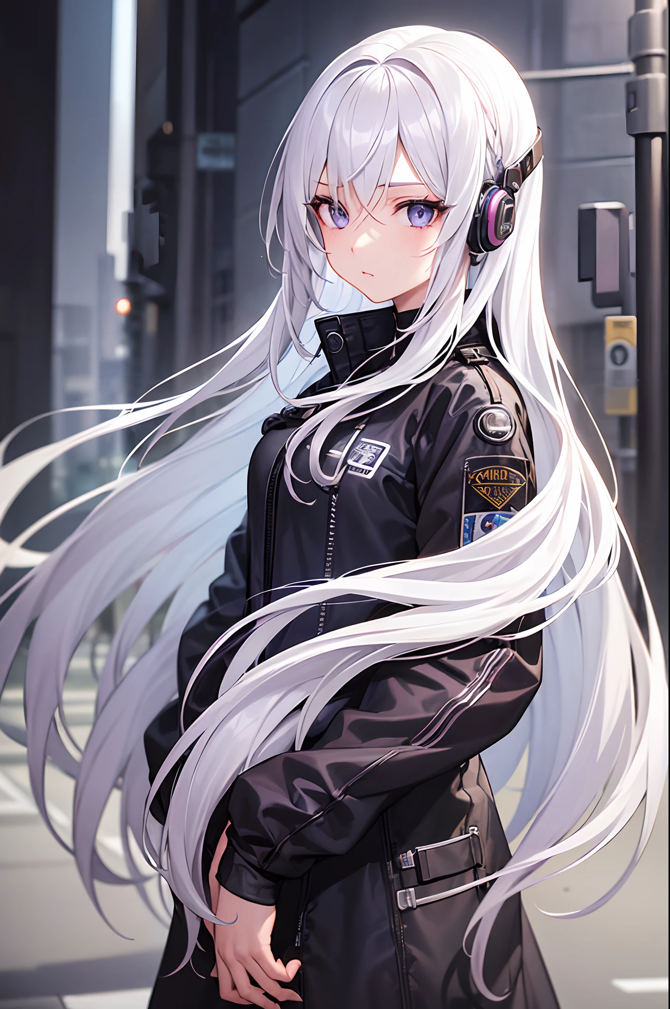 1girl in, White hair, Long hair, techwear  masterpiece, top-quality, Realistic, Realism, dark purple jacket, Portrait, Detailed eyes, wearing headset, Platinum Hair, 21 year old girl, Fashion poses, Half body, wide shoot, in a street, Cyberpunk