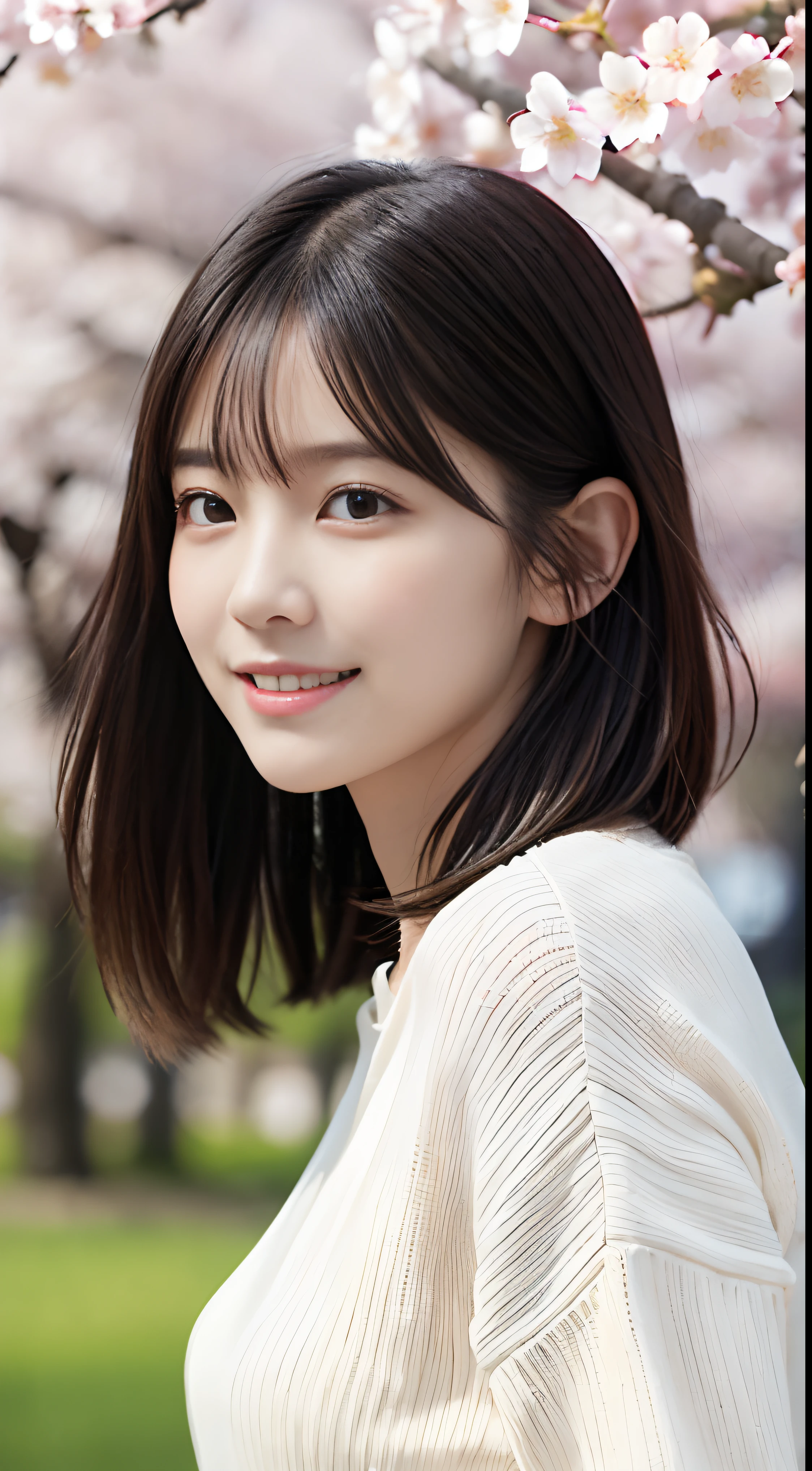 (slender small breasts and short hair,,,,、Close up low angle shot of one girl with dull bangs in spring colorful sweater and shirt :1.5)、(Low angle shot of a girl dancing happily、the hair flutters with the wind :1.5)、(Rows of cherry blossom trees in full bloom and cherry blossom petals dancing in the wind:1.5)、(Perfect Anatomy:1.3)、(No mask:1.3)、(complete fingers:1.3)、Photorealistic、Photography、masutepiece、top-quality、High resolution, delicate and pretty、face perfect、Beautiful detailed eyes、Fair skin、Real Human Skin、pores、((thin legs))、(Dark hair)