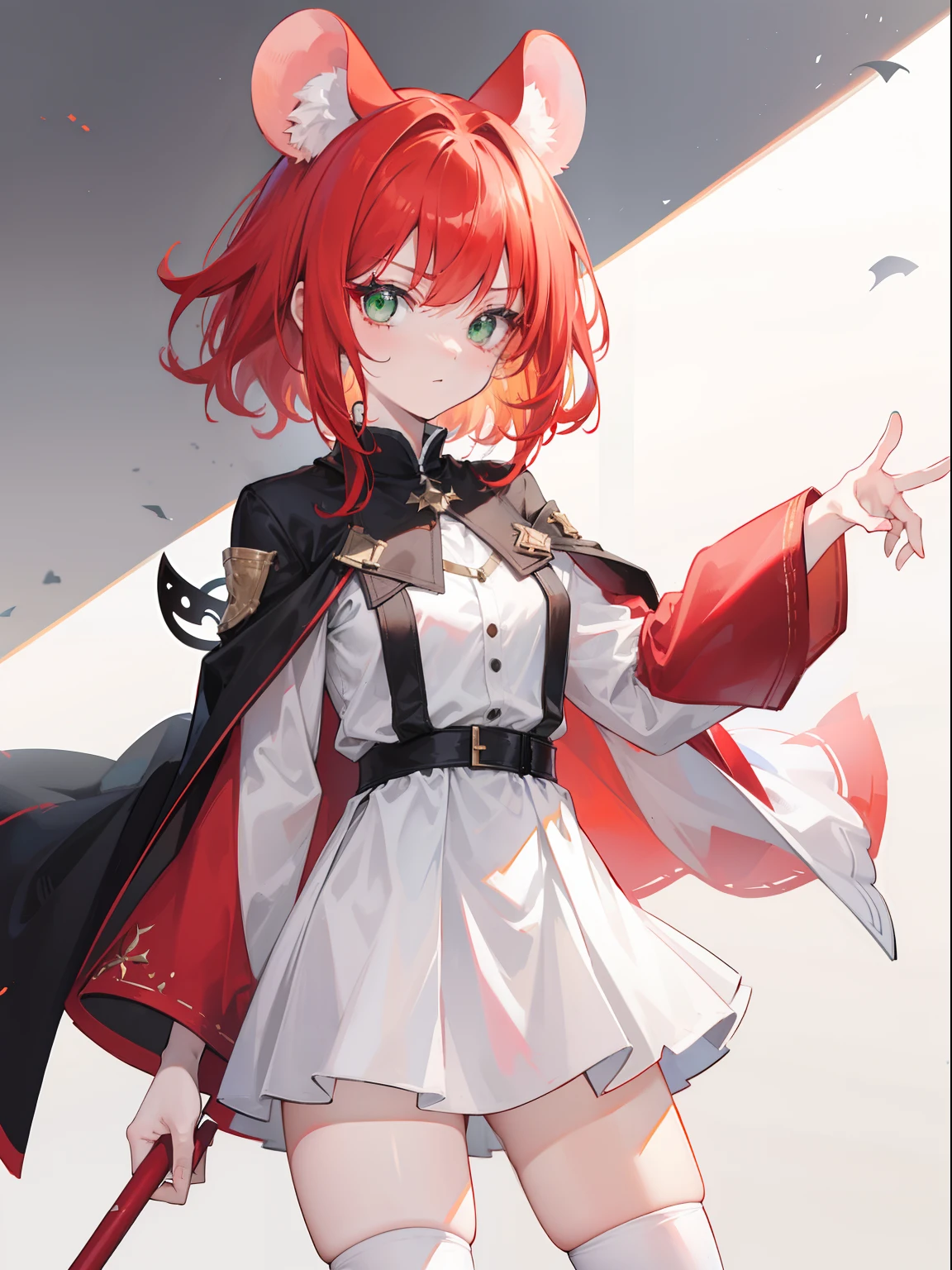 1girll;short fiery red hair;messy hair style；Green eyes;Calm expression;robe blanche；medium build；Black Over the Knee Socks；White boots;Good light;Vacant land,Mouse ears