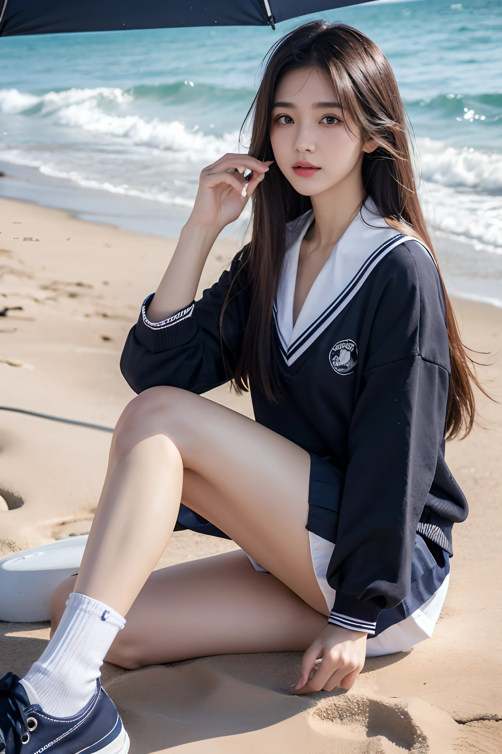 8K, 超A high resolution, Best quality、top-quality、fully body photo (highdetailskin:1.2，Medium chest、cabelos preto e longos、Beautiful face、large black eyes、Long lashes、white skinned)，(Japanese high school  girl、JK school uniform、Converse shoes、Navy blue socks)、(Sitting on the beach)、Tyndall effect、