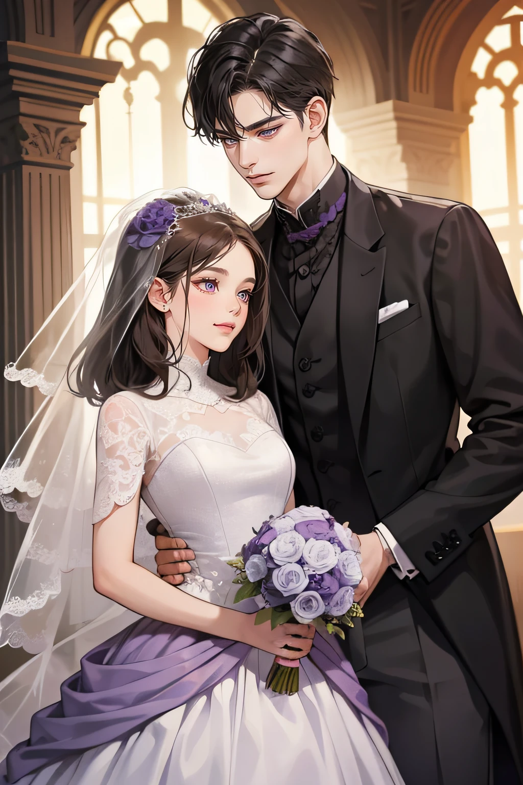couple, 1 man 1 woman, different hair color, extremely detailed face, ((woman with Long dark black front bang hair with and purple eyes)), man with short dark brown hair and dark grey eyes, face to face, 25 years old, Victorian era, (woman wears a wedding dress and holds a flower), (man wears a suit and a smirk), dim light, boy is taller, (getting married), (dark purple eyes woman), (dark grey eyes man), in the wedding ceremony