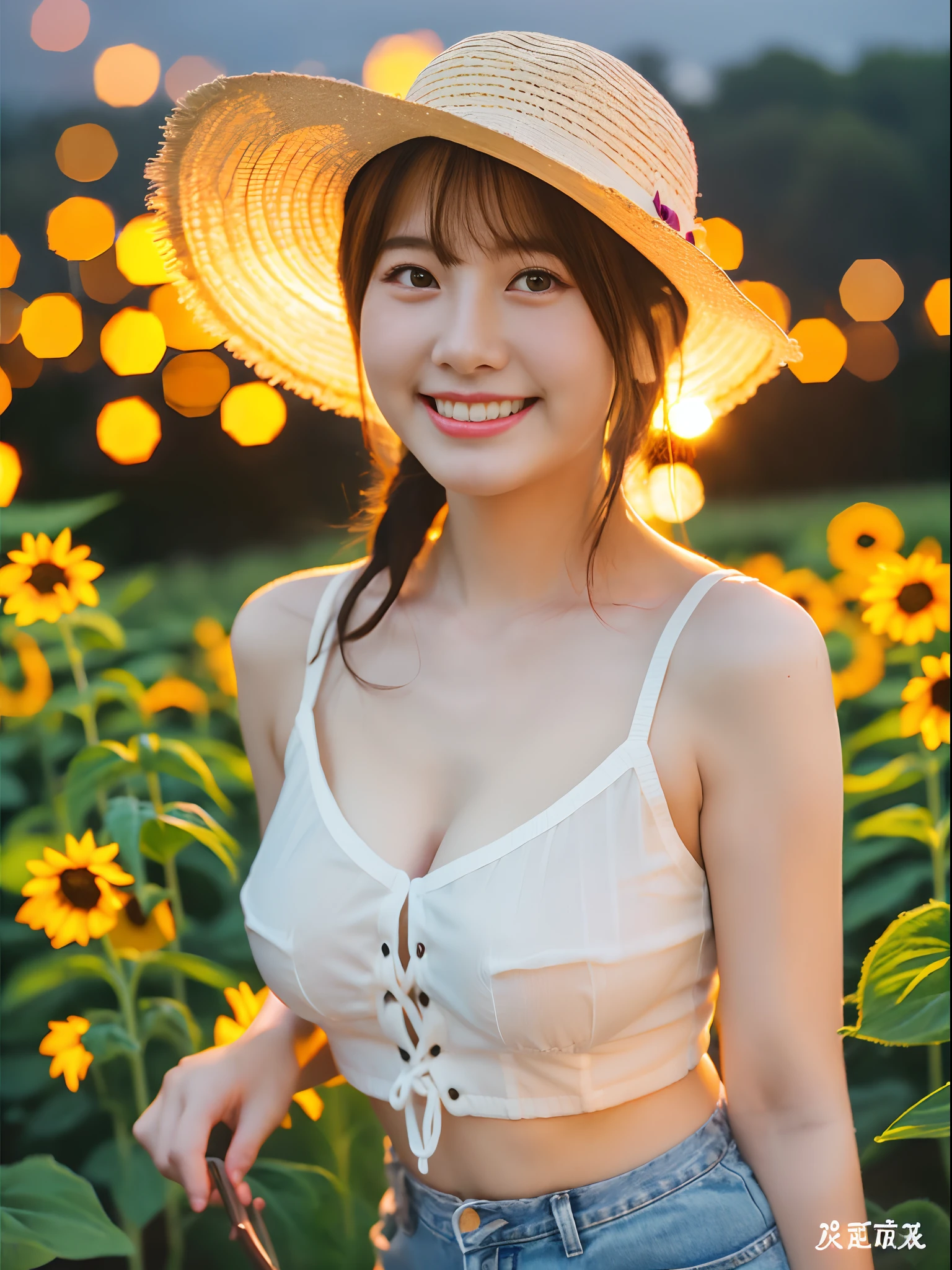 large boob、An ultra-high picture quality、top-quality、summer vacation、a straw fedora hat、white tank tops、Short denim、Sunset、Getting wet in the rain、Clothes are see-through、A smile、sunflowers fields、17 age、full bodyesbian