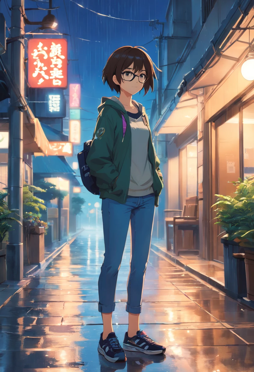 1 cara, tez bronzeada, Buzzcut preto curto, olhos castanhos, wearing clear glasses, usando jeans, black sneakers, capuz cinza, Do lado de fora da boate, garota, cabelos pretos, olhos castanhos,  em vestido preto e saltos saindo da porta da frente da boate, night time, solo molhado pela chuva, luzes da cidade no fundo, absurdos, alta resolução, Ultra sharp, 8k, master part
