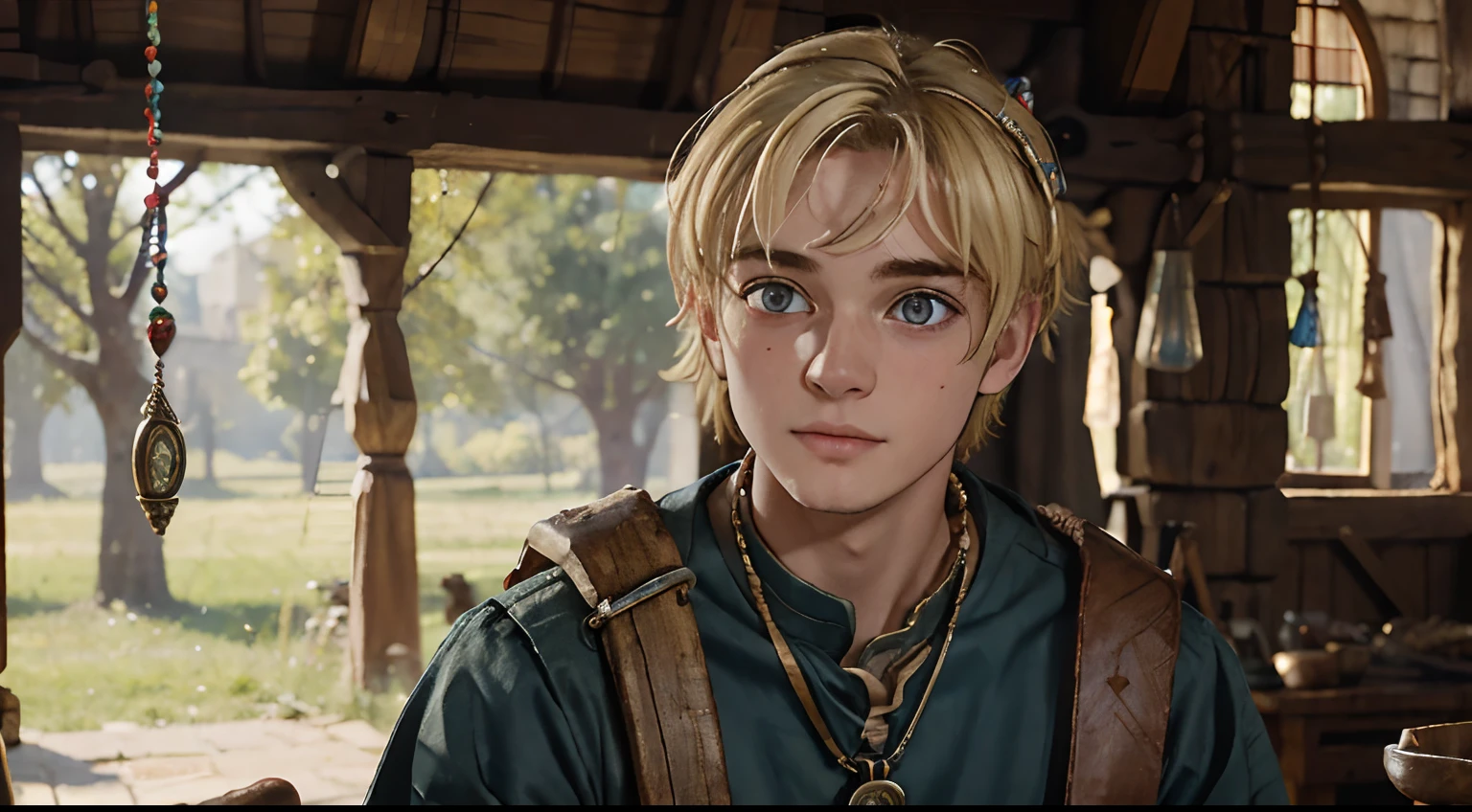 (Masterpiece, best quality) detailed, character sheet, many items (shepherds rod, necklace with ring pendant and small colorful beads, many parts), young man, twenty years old, sickly pale skin, messy and short blonde hair, tired hazel eyes, {{cleft lip that goes up to left nostril, deformed lip}}, thin, frail, medieval like clothes, many clothes, shepherd boy, thin necklace with a ring pendant and a couple colorful beads, tired expression, crooked smile, full of details.