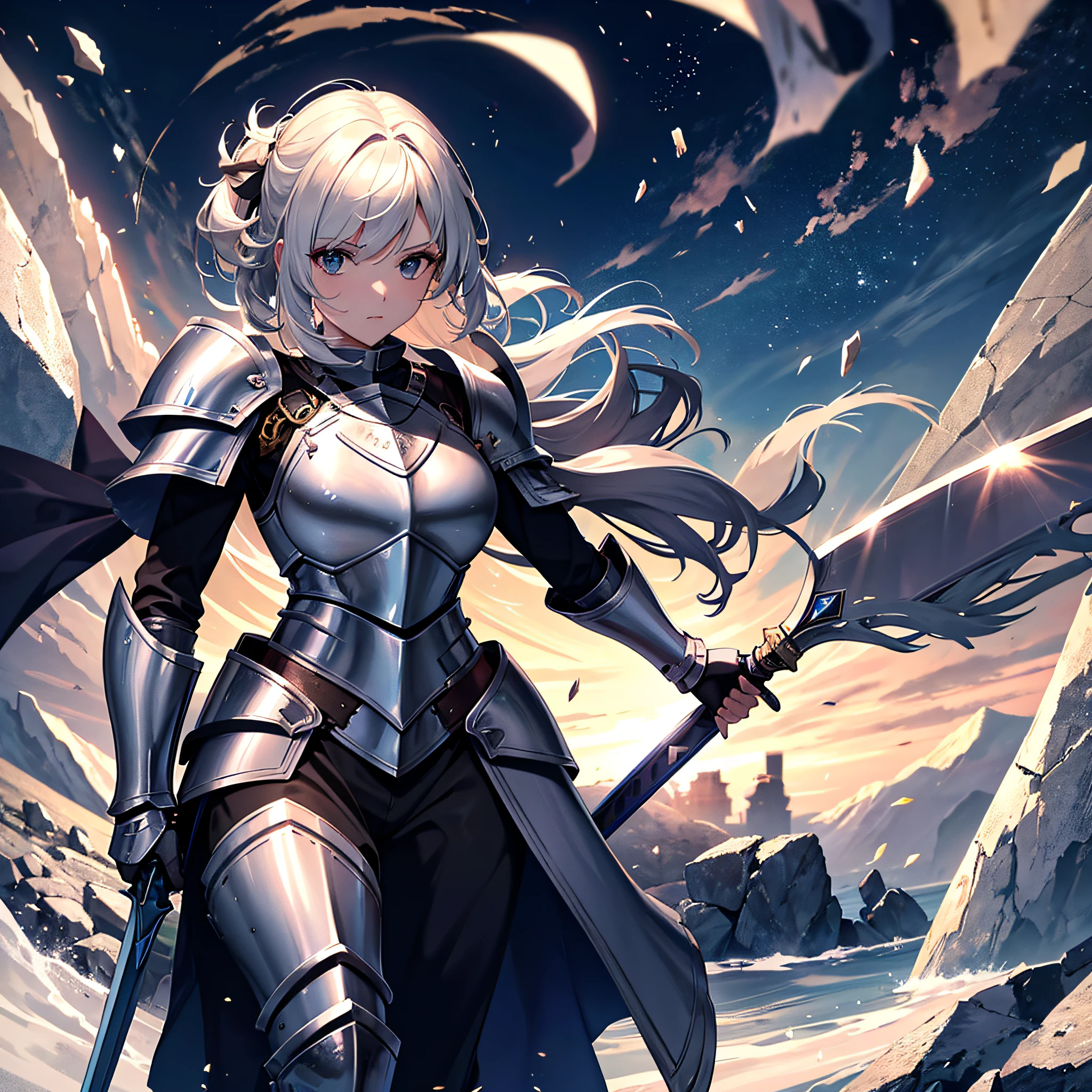 mage of a female knight in armour in a battlefield,masterpiece,best quality,1girl,solo,mature,paladin,full armour,knight,holding a greatsword infront of her with two hands,two-handed sword,two arms