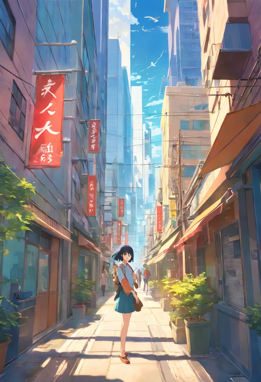 Realistic environment of a ghost town from Japan, With sunlight reflecting off the glass of buildings. Planes flying over the city. Ao centro, A man with a knife in his hand, uma cruz na outra. Muitas cores. Muitas luzes, bonito, movimento, Dilapidated city.