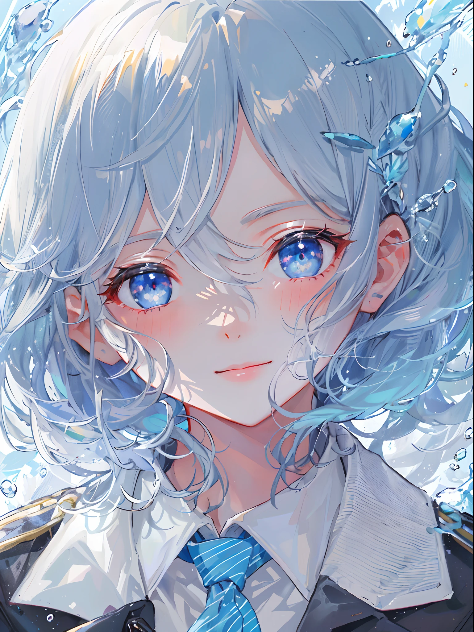 ((top-quality)), ((masterpiece)), ((ultra-detailliert)), (Extremely delicate and beautiful), girl with, 独奏, cold attitude,((Black jacket)),She is very(relax)with the(Settled down)Looks,A dark-haired, depth of fields,Evil smile,Bubble, under the water, Air bubble,bright light blue eyes,inner color with bright gray hair and light blue tips,,,,,,Cold background,Bob Hair - Linear Art, shortpants、knee high socks、White uniform like school uniform、Light blue ribbon ties、Clothes are sheer、Hands in pockets、Bright eyes like sapphire,Fronllesse Blue, A small blue light was floating、Upper Eyes、foodie
