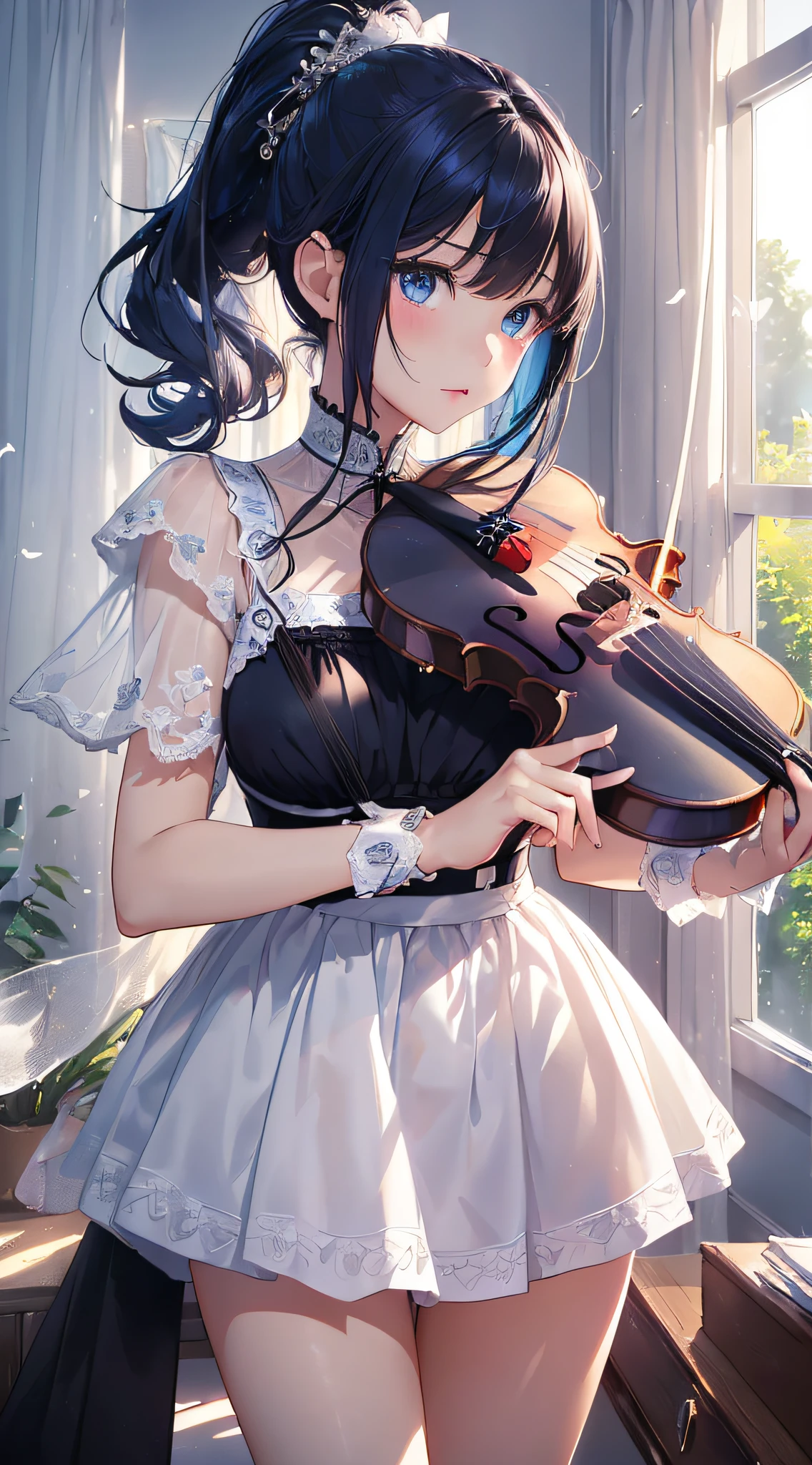 top-quality、Top image quality、​masterpiece、girl with((cute little、18year old、Best Bust、Medium bust、Bust 85,Beautiful blue eyes、Breasts wide open,Ponytail with black hair、A slender、Blue hair mesh、Beautiful white dress、White short skirt、Playing the violin)）hiquality、Beautiful Art、Background with((Large White Room、White lighting,White curtains are fluttering)),masutepiece、Elaborate design、visualart、depth of fields、The best lighting、highestdetailed、8ｋ