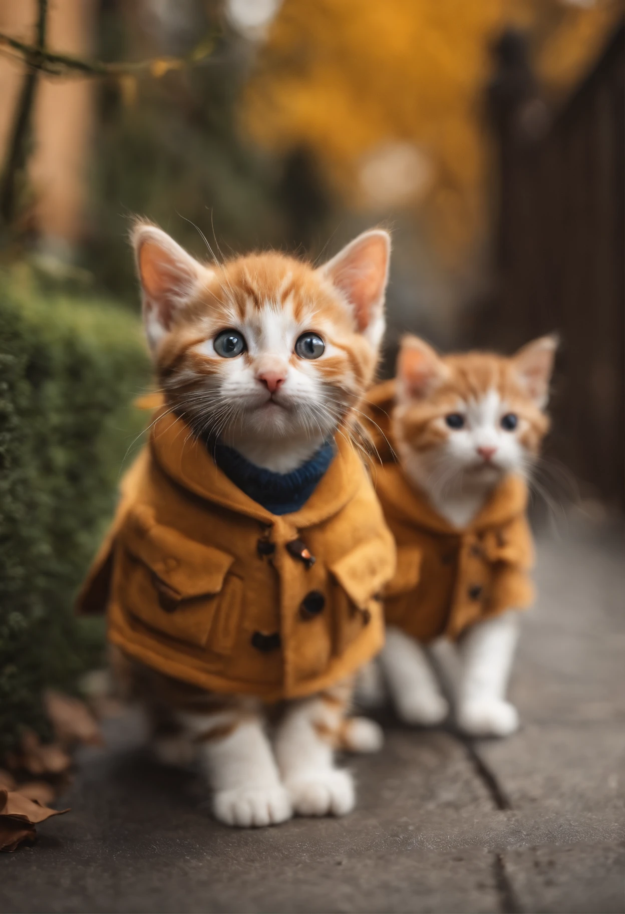 season for autumn、I have two little kittens, a cute little cat, cute kittens, Cutest, Incredibly cute, Adorable and cute, And cute and lovely. They are walking down the street with backpacks, Walking together, commute, Proudly walk down the street, And the cat is walking. They are cute in the style of 🍂 and 🍁, Adorable and cute, Cute and adorable, oh, nice and cute. They are known as real-life Tom and Jerry.Wear warm clothes、muffler、coat