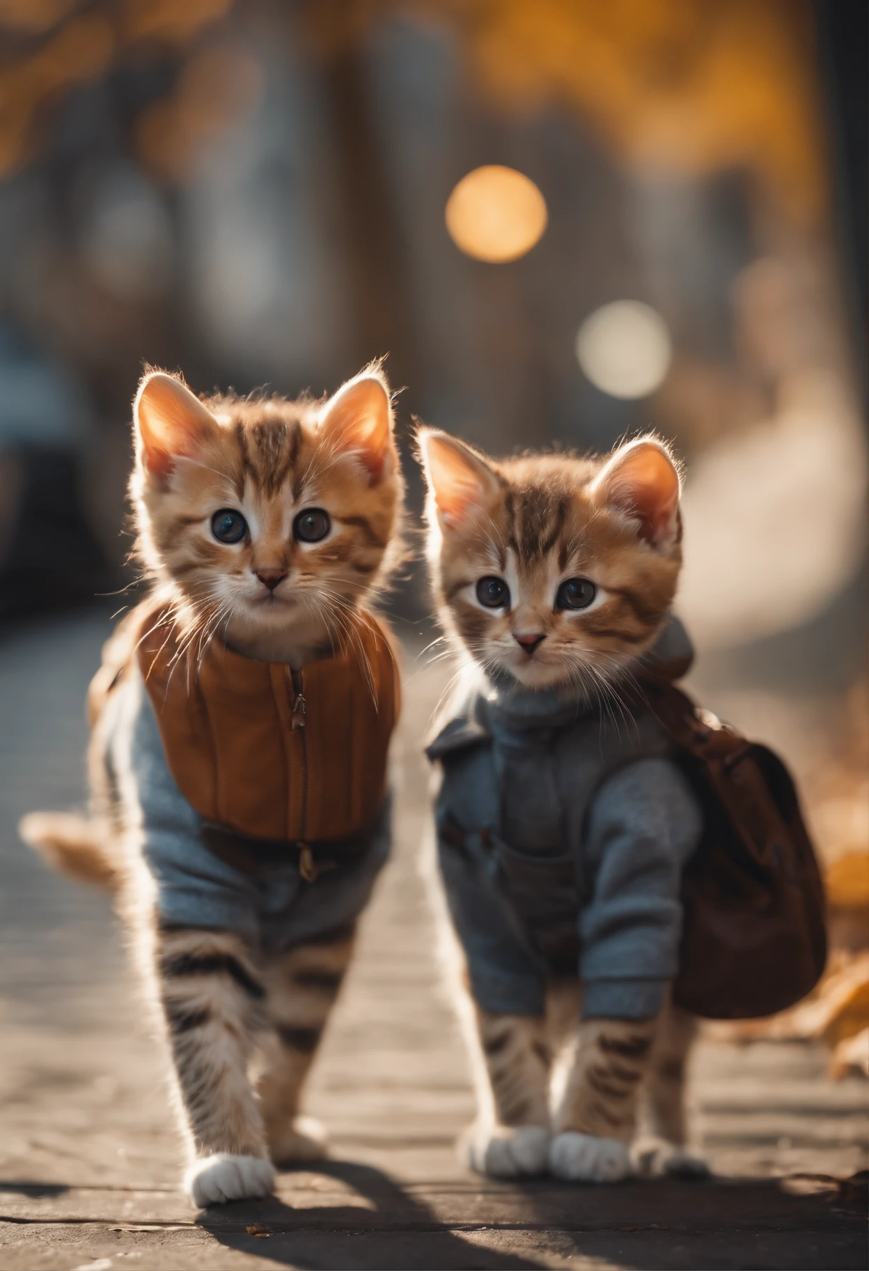 season for autumn、I have two little kittens, a cute little cat, cute kittens, Cutest, Incredibly cute, Adorable and cute, And cute and lovely. They are walking down the street with backpacks, Walking together, commute, Proudly walk down the street, And the cat is walking. They are cute in the style of 🍂 and 🍁, Adorable and cute, Cute and adorable, oh, nice and cute. They are known as real-life Tom and Jerry.Wear warm clothes、muffler、coat
