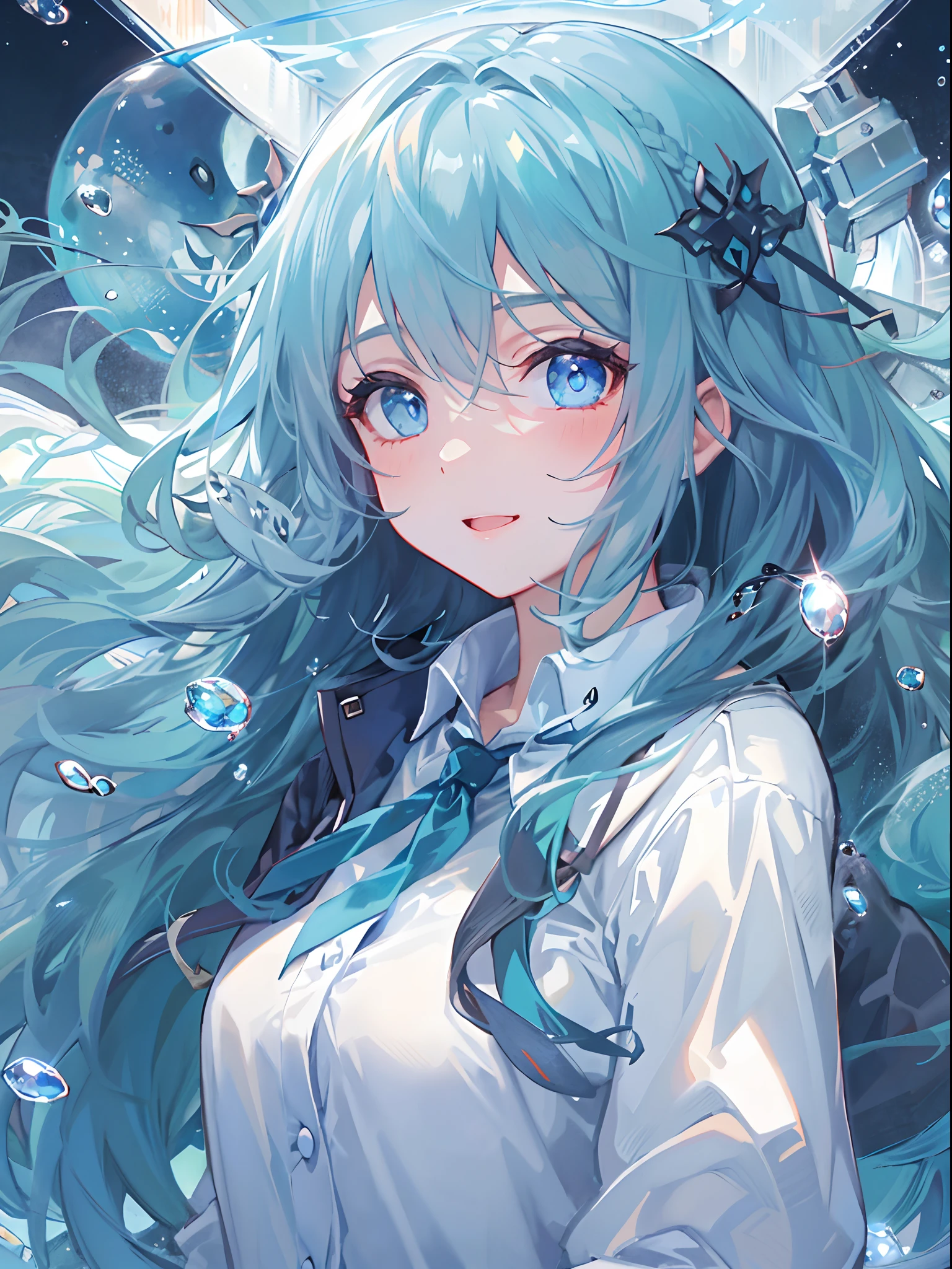 ((top-quality)), ((​masterpiece)), ((ultra-detailliert)), (Extremely delicate and beautiful), girl with, 独奏, cold attitude,((Black jacket)),She is very(relax)with  the(Settled down)Looks,A dark-haired, depth of fields,Evil smile,Bubble, under the water, Air bubble,bright light blue eyes,inner color with bright gray hair and light blue tips,,,,,,,,,,,Cold background,Bob Hair - Linear Art, shortpants、knee high socks、White uniform like school uniform、Light blue ribbon ties、Clothes are sheer、Hands in pockets、Bright eyes like sapphire,Fronllesse Blue, A small blue light was floating、Upper Eyes、glass shards、Snowflake Hair Ornament