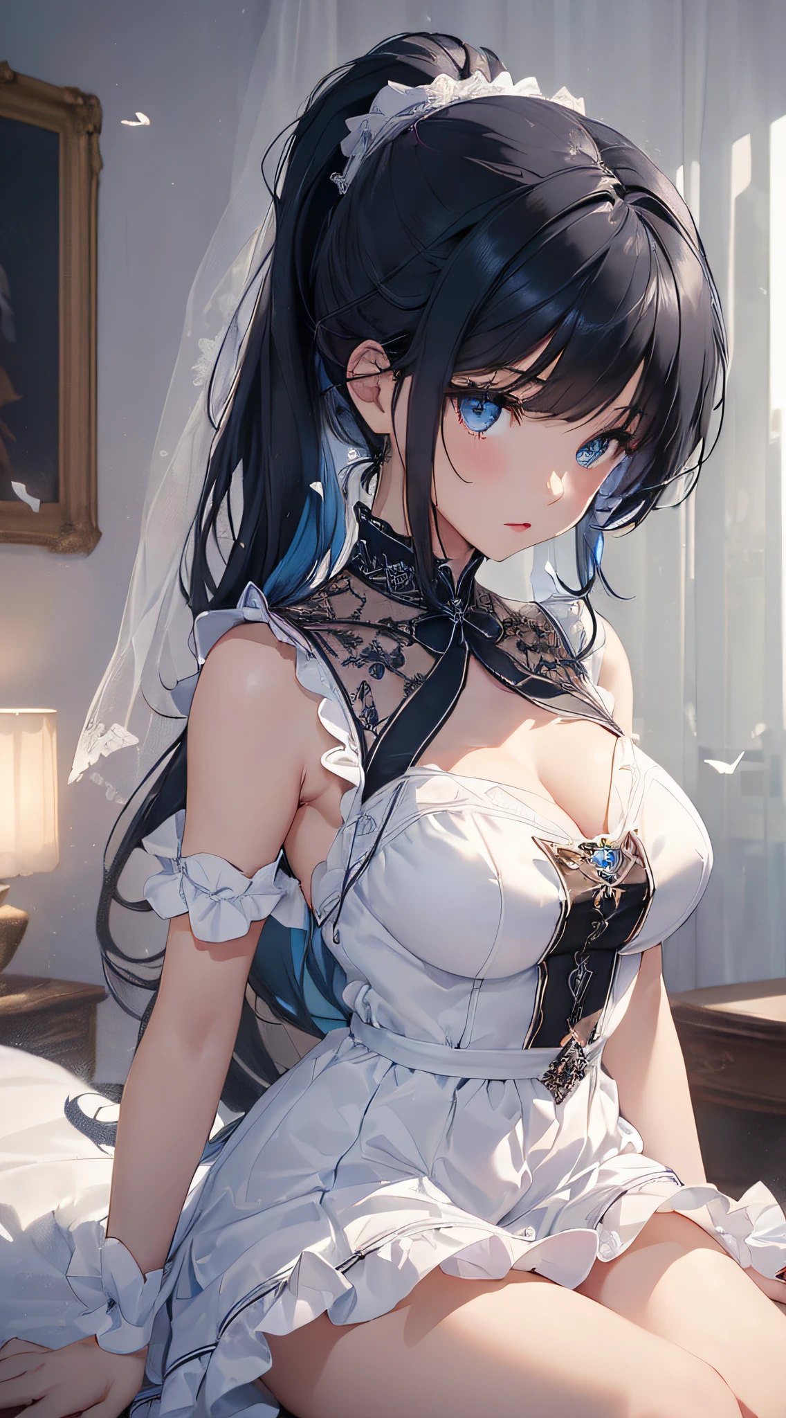 top-quality、Top image quality、masterpiece、girl with((cute little、18year old、Best Bust、Medium bust、Bust 85,Beautiful blue eyes、Breasts wide open,Ponytail with black hair、A slender、Blue hair mesh、Beautiful white maid clothes、White short skirt、Laugh、posterior view、lean against the wall、emphasis on the buttocks、Opening the curtains、Black underwear))hiquality、Beautiful Art、Background with((Large White Room、White lighting,White curtains are fluttering)),masutepiece、Elaborate design、visualart、depth of fields、The best lighting、highestdetailed、8k