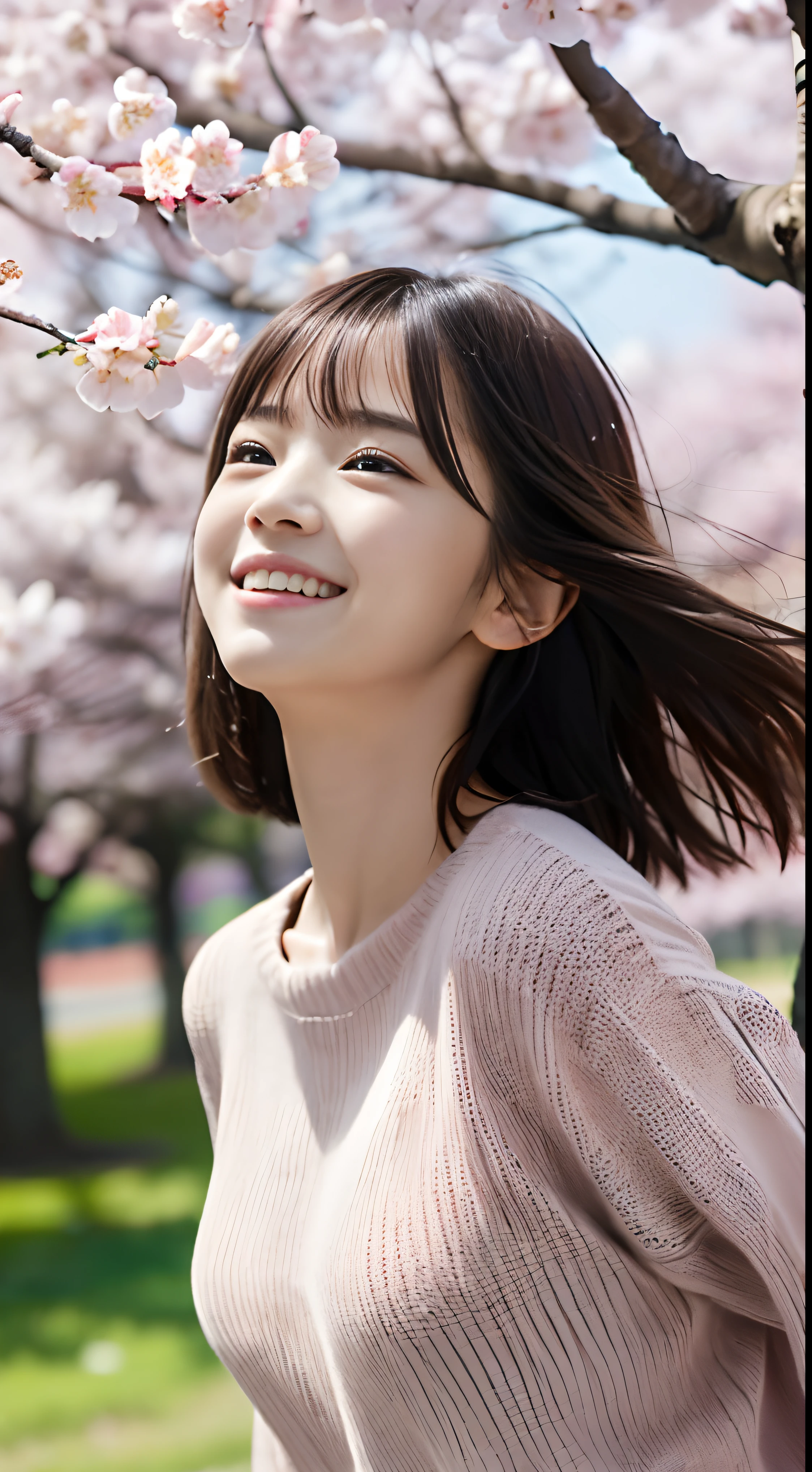 (slender small breasts and short hair,,,,,,,,、Close up low angle shot of one girl with dull bangs in spring colorful sweater and shirt :1.5)、(Low angle shot of a girl dancing happily、the hair flutters with the wind :1.5)、(Rows of cherry blossom trees in full bloom and cherry blossom petals dancing in the wind:1.5)、(Perfect Anatomy:1.3)、(No mask:1.3)、(complete fingers:1.3)、Photorealistic、Photography、masutepiece、top-quality、High resolution, delicate and pretty、face perfect、Beautiful detailed eyes、Fair skin、Real Human Skin、pores、((thin legs))、(Dark hair)