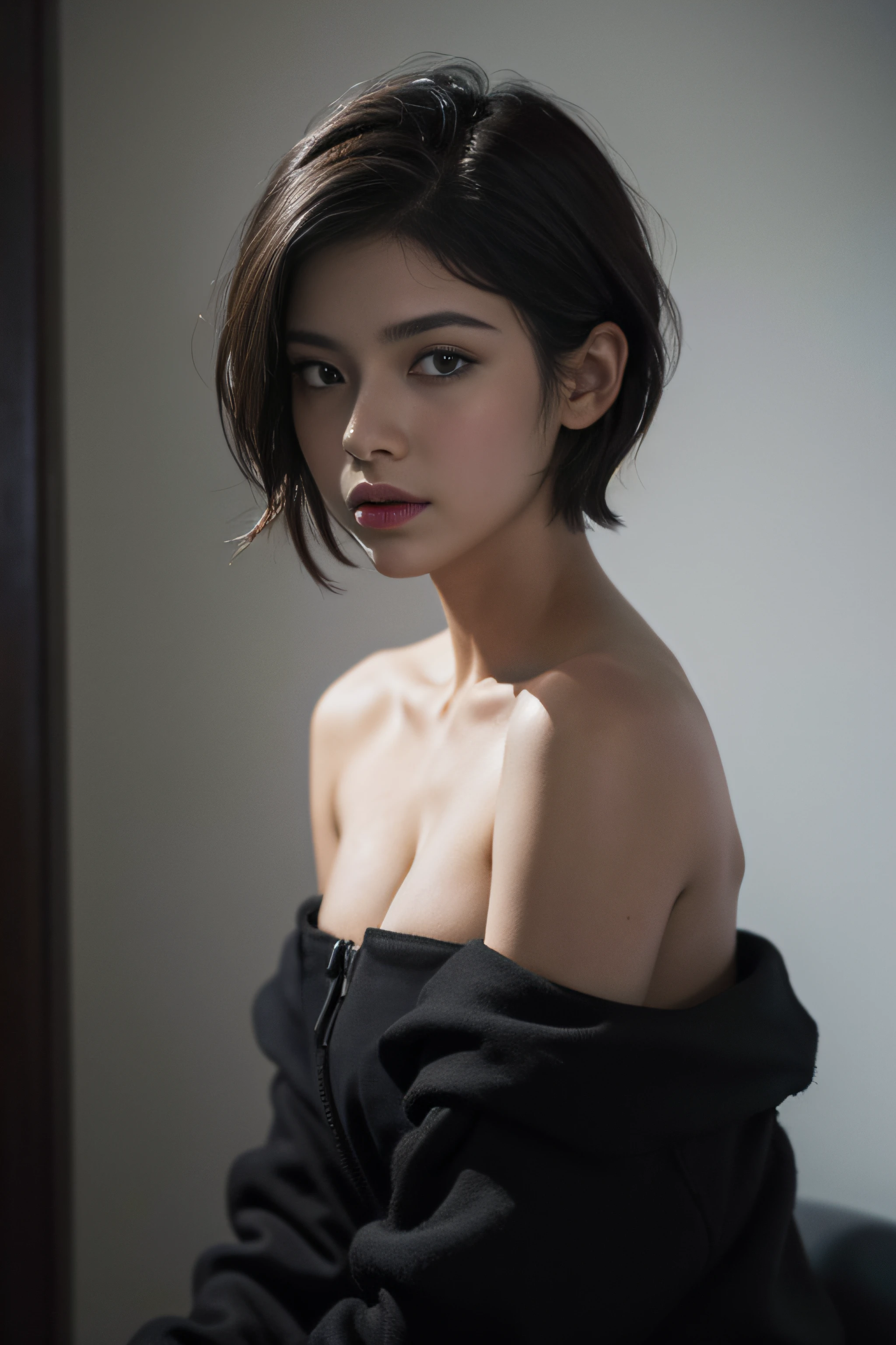 Best quality, masterpiece, ultra high res, (photorealistic:1.5), raw photo, 1girl, offshoulder, in the dark, deep shadow, low key, cold light, sexy look, short hair,