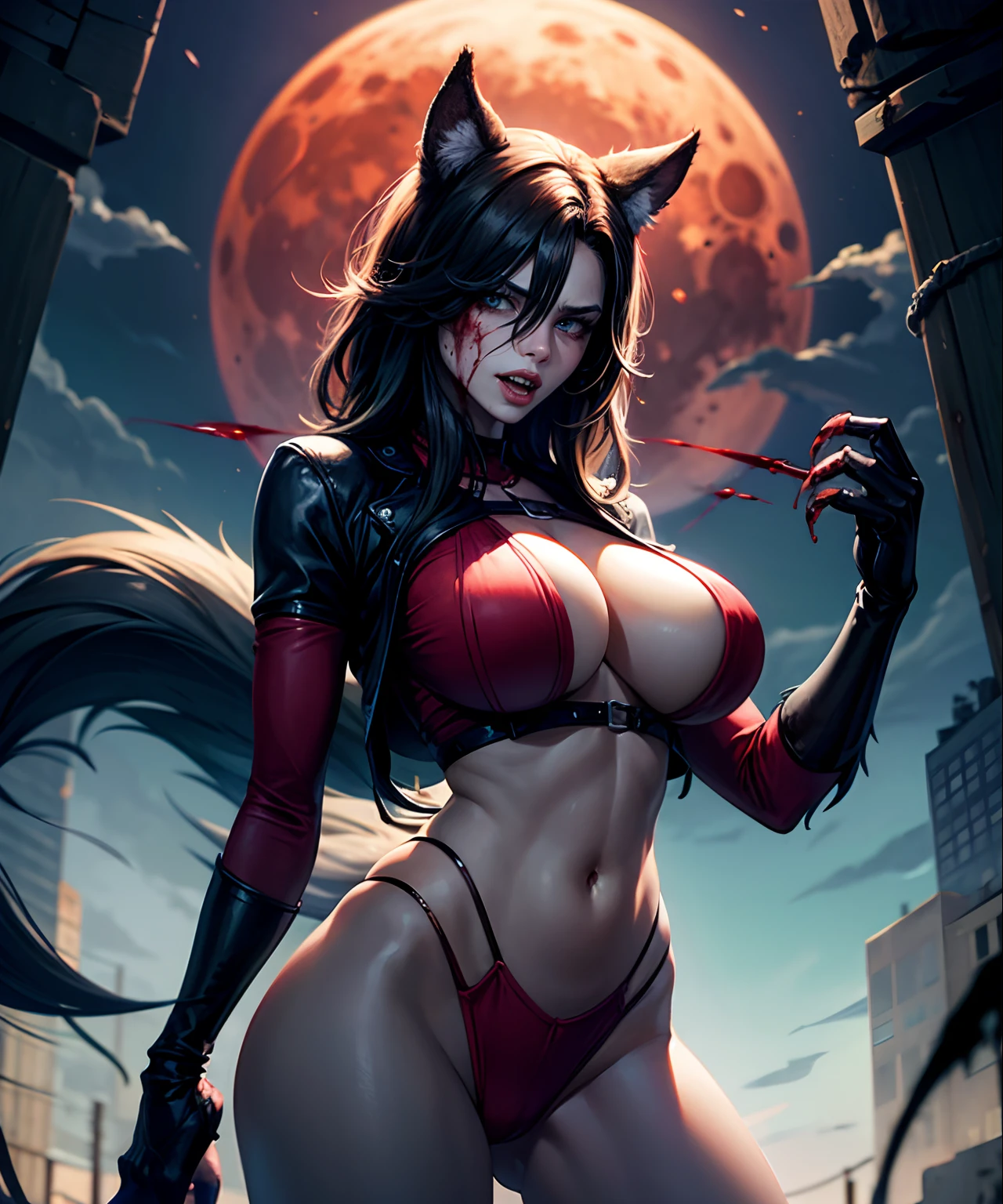masterpiece, A woman, ((turning into a werewolf)), big boobs, ripped clothes, background is dark, ((blood moon)), desperate, confining, depressing, night time light