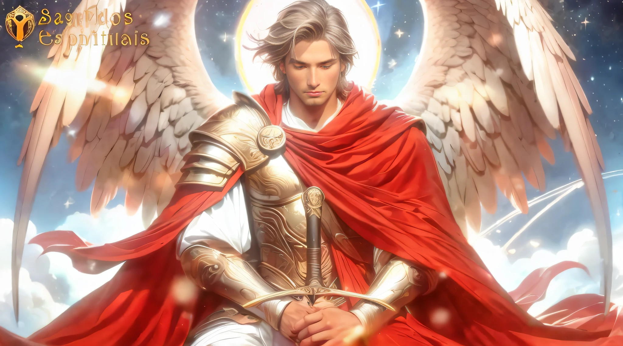 um close up de um homem de armadura com uma espada e asas, Arcanjo Miguel, arcanjo, saint michael the angel, Graphic artist Magali Villeneuve, cheio de pinturas de anjos, angelic, angelic, anjo, Directed by: Roman Bezpalkiv, angel in plastic armor, Directed by: Arthur Pan, Sakimi, Miguel Anjo, de anjo lindo, biblical accurate angel