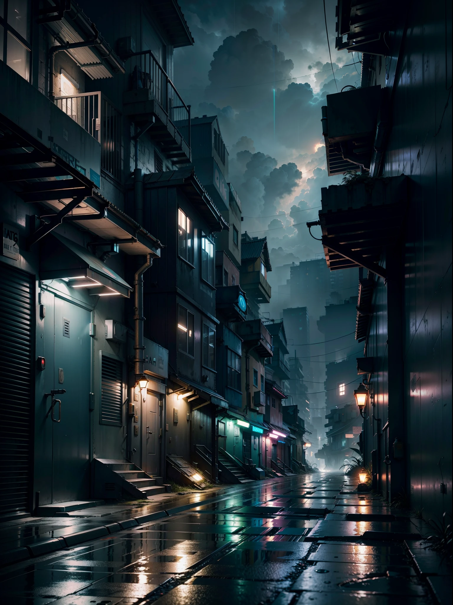 Dystopian city alleys low light, Details, Pastel colors, haze, night, dark sky, storm, Realistic, 16k, HD