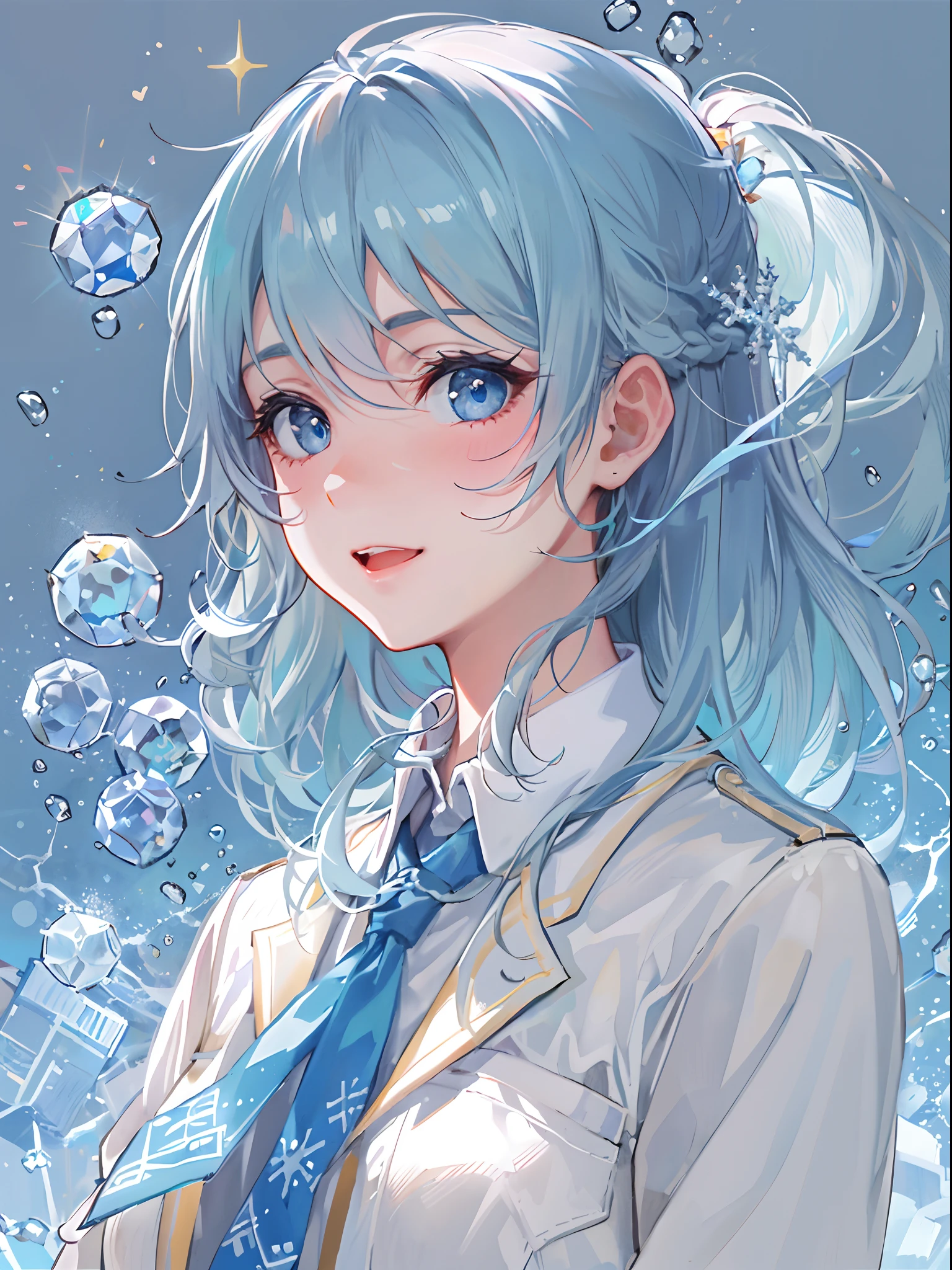 ((top-quality)), ((masterpiece)), ((ultra-detailliert)), (Extremely delicate and beautiful), girl with, 独奏, cold attitude,((Black jacket)),She is very(relax)with the(Settled down)Looks,A dark-haired, depth of fields,Evil smile,Bubble, under the water, Air bubble,bright light blue eyes,inner color with bright gray hair and light blue tips,,,,,,,,,,,,Cold background,Bob Hair - Linear Art, shortpants、knee high socks、White uniform like school uniform、Light blue ribbon ties、Clothes are sheer、Hands in pockets、Bright eyes like sapphire,Fronllesse Blue, A small blue light was floating、Upper Eyes、glass shards、Snowflake Hair Ornament