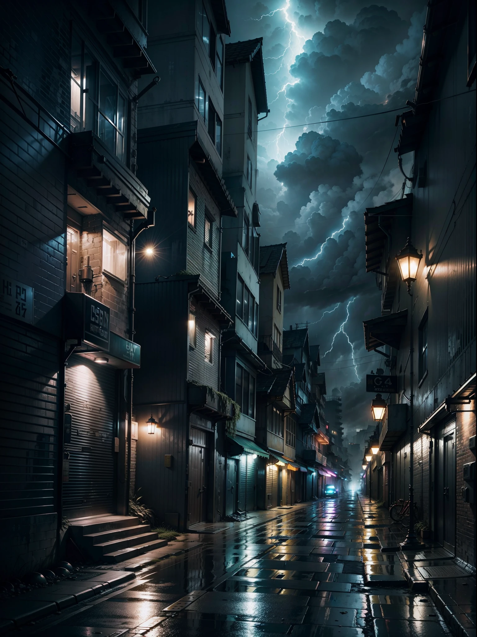 Dystopian city alleys low light, Details, Pastel colors, haze, night, dark sky, storm, Realistic, 16k, HD