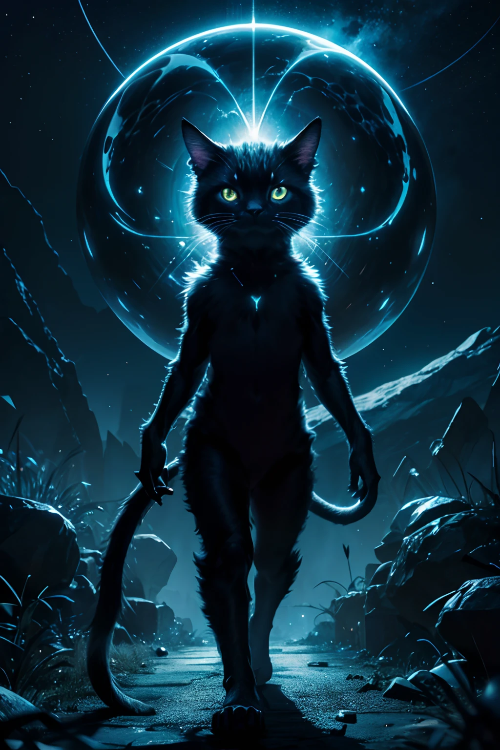 Generate an image of a nocturnal creature, with a sleek, furred body that glows in the dark, large, reflective eyes, cute feline like features and a tail that ends in a cluster of glowing orbs, resembling a constellation of stars.