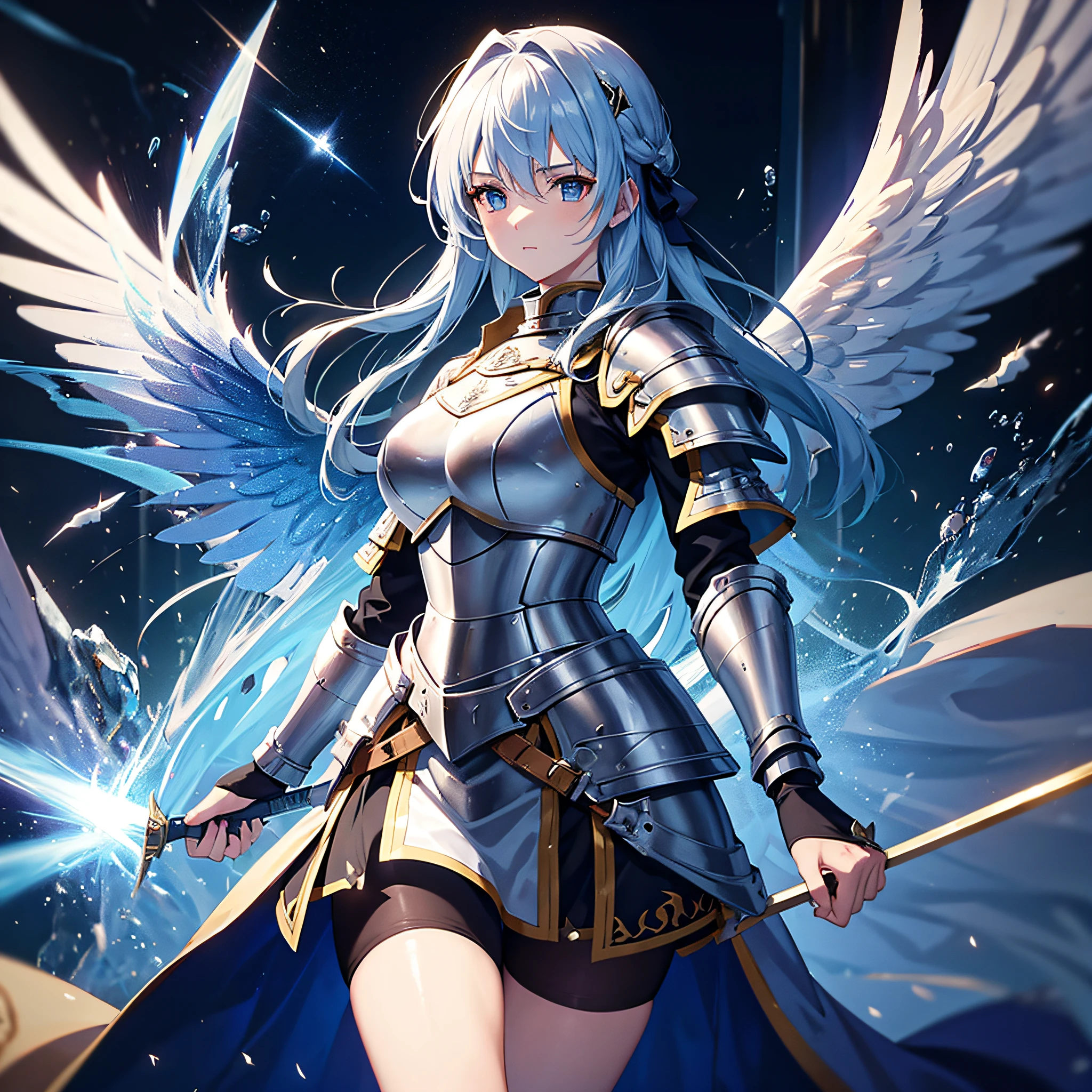 mage of a female knight in armour in a battlefield,masterpiece,best quality,1girl,solo,mature,paladin,full armour,knight,wings,angel