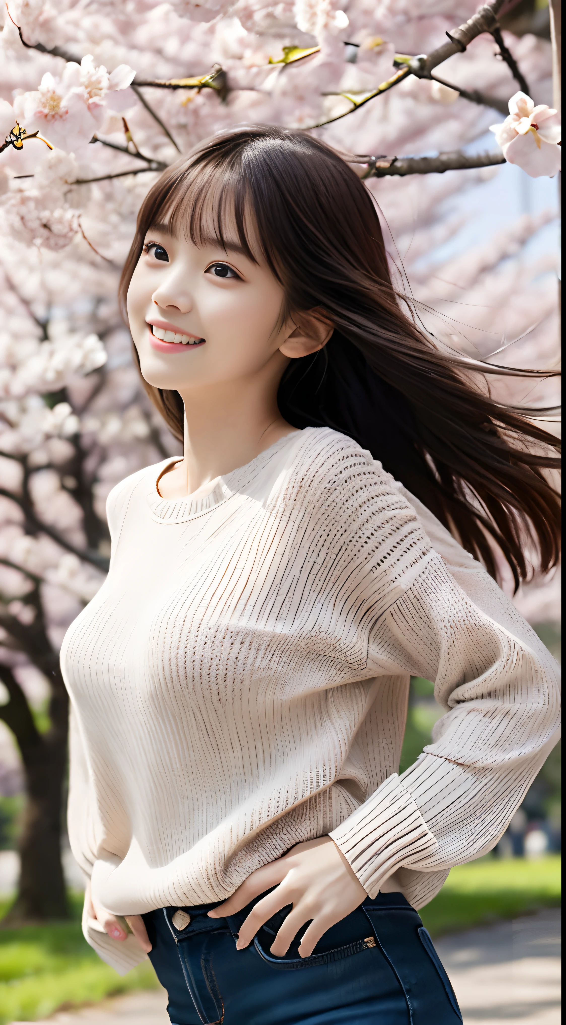 (slender small breasts and long hair,,,,,,,、Close up low angle shot of one girl with dull bangs in spring colorful sweater and shirt :1.5)、(Low angle shot of a girl dancing happily、the hair flutters with the wind :1.5)、(Rows of cherry blossom trees in full bloom and cherry blossom petals dancing in the wind:1.5)、(Perfect Anatomy:1.3)、(No mask:1.3)、(complete fingers:1.3)、Photorealistic、Photography、masutepiece、top-quality、High resolution, delicate and pretty、face perfect、Beautiful detailed eyes、Fair skin、Real Human Skin、pores、((thin legs))、(Dark hair)