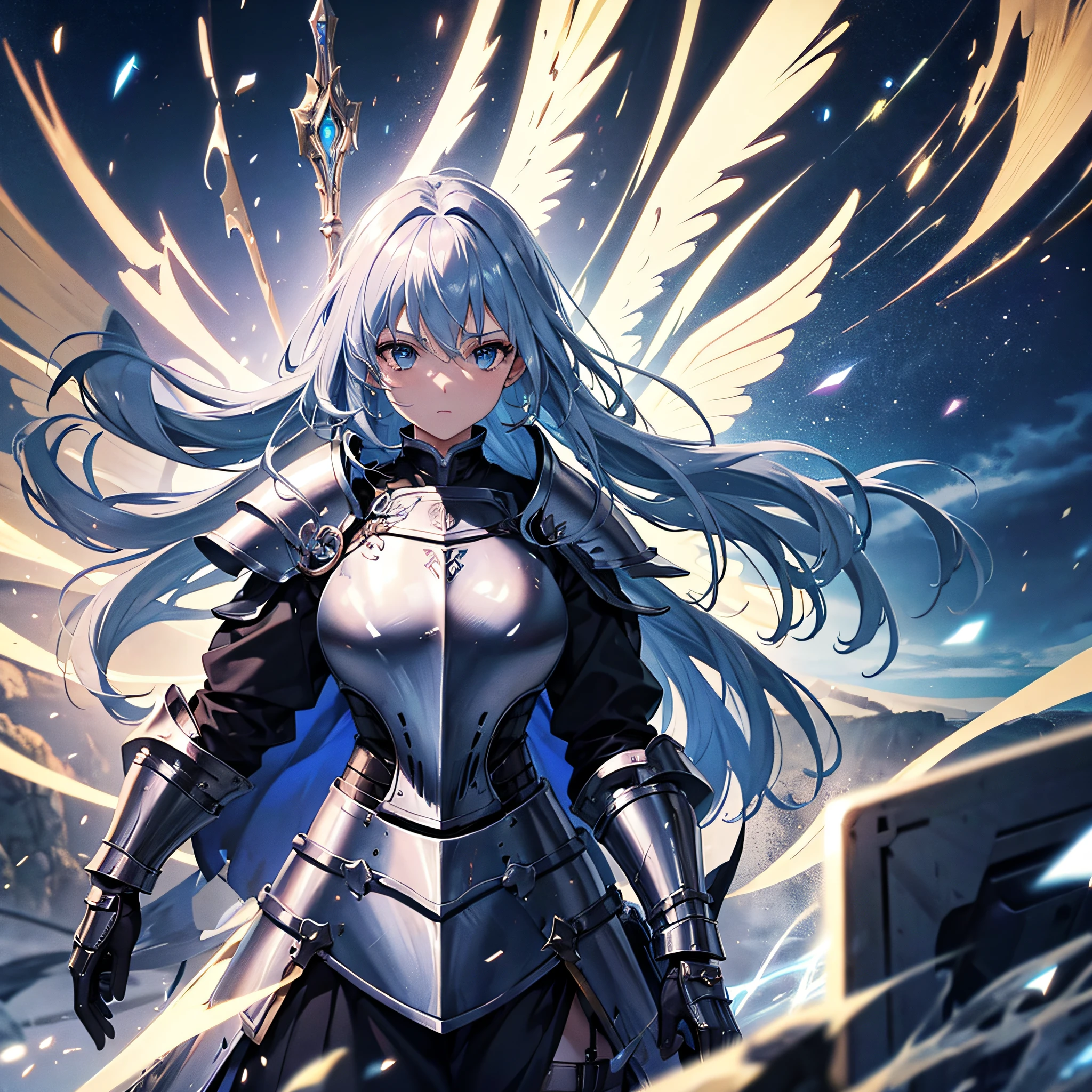 mage of a female knight in armour in a battlefield,masterpiece,best quality,1girl,solo,mature,paladin,full armour,knight,wings,angel